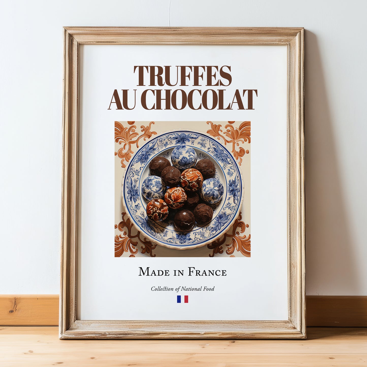 Chocolate truffles – French Dessert Dish, Restaurant Poster, in wooden frame leaning on the floor