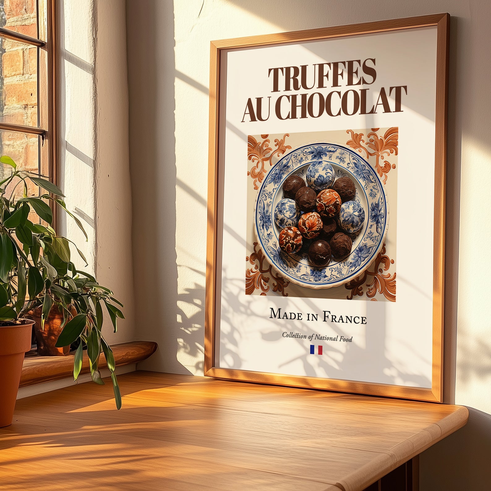 Chocolate truffles – French Dessert Dish, Restaurant Poster, no-text version framed in wood