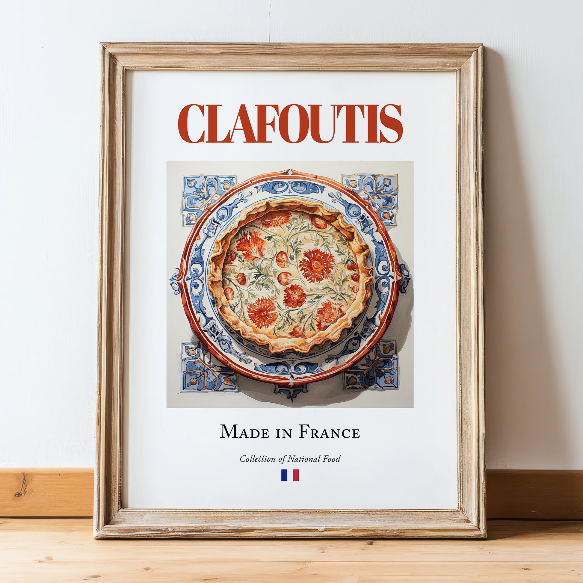 Clafoutis – French Dessert Dish, Restaurant Print, in wooden frame leaning on the floor
