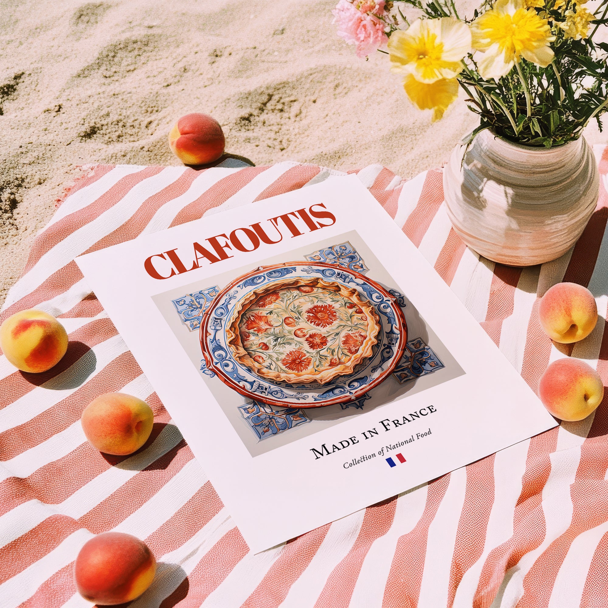 Clafoutis – French Dessert Dish, Restaurant Print, unframed on coastal sand