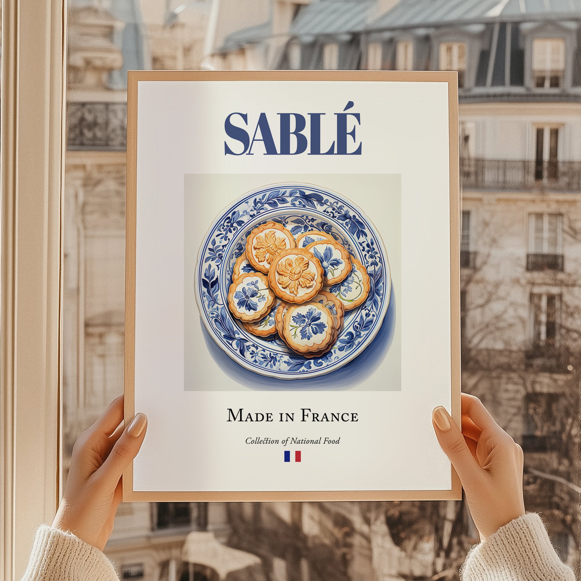 Sablé – French Dessert Dish, Bistro Wall Art, styled in a charming Paris street view