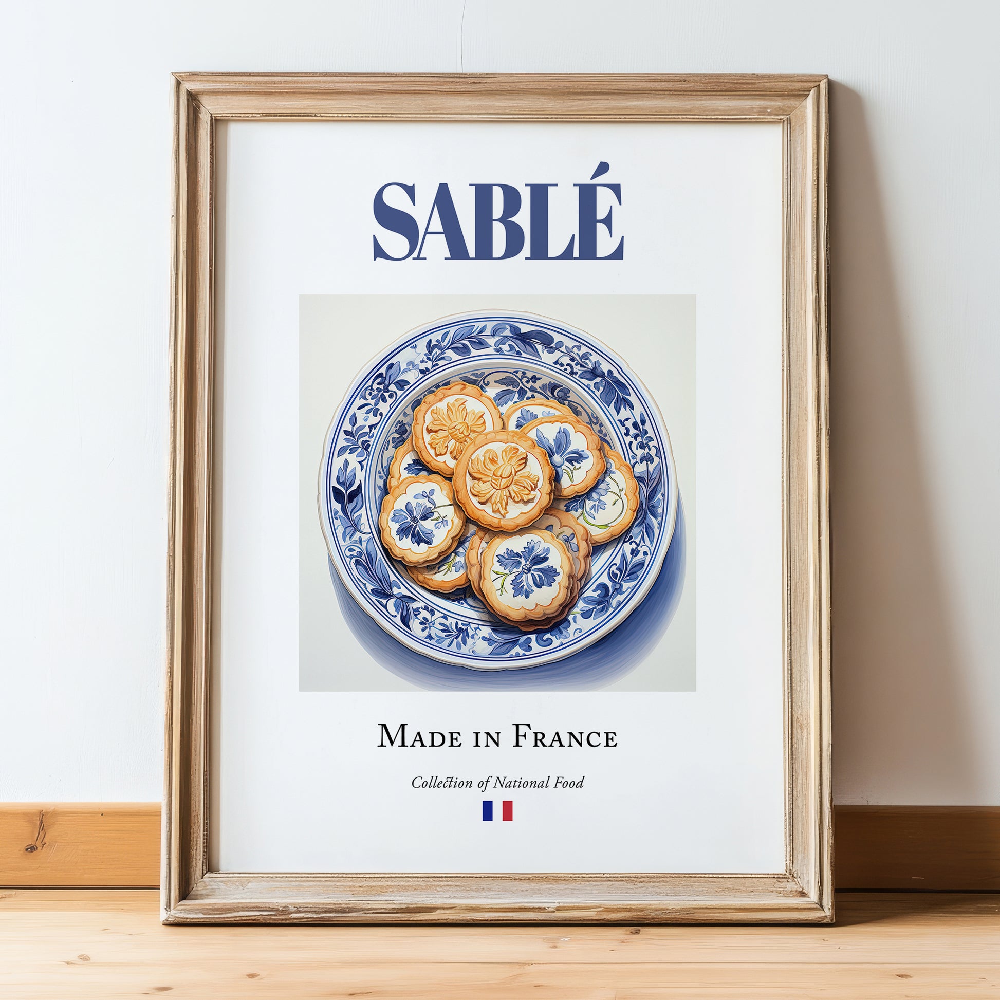 Sablé – French Dessert Dish, Bistro Wall Art, in wooden frame leaning on the floor