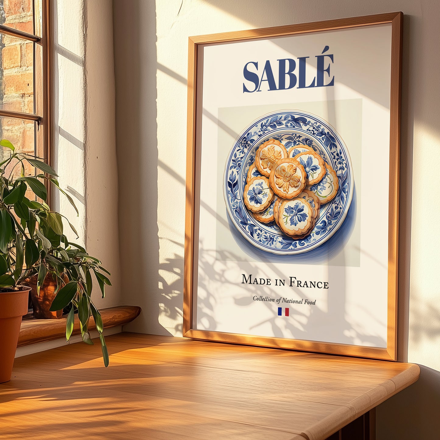 Sablé – French Dessert Dish, Bistro Wall Art, no-text version framed in wood