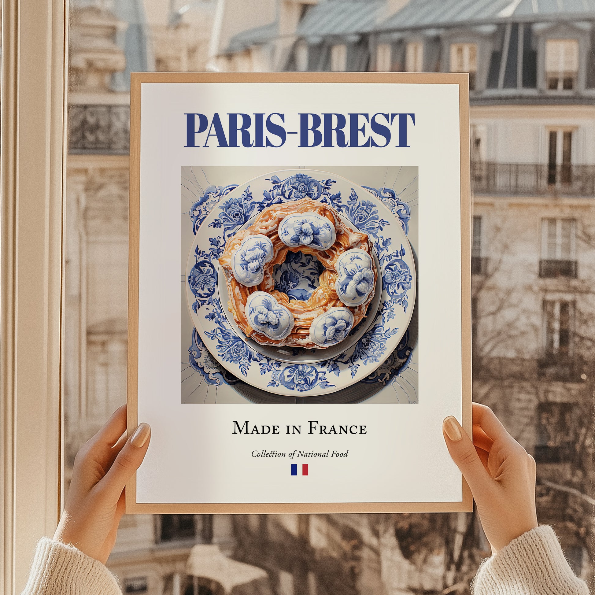 Paris-Brest – French Dessert Dish, Farmhouse Kitchen Poster, styled in a charming Paris street view