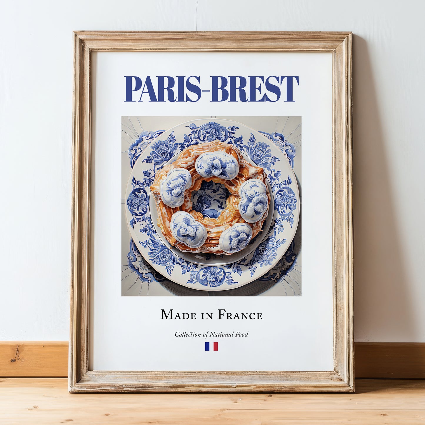 Paris-Brest – French Dessert Dish, Farmhouse Kitchen Poster, in wooden frame leaning on the floor