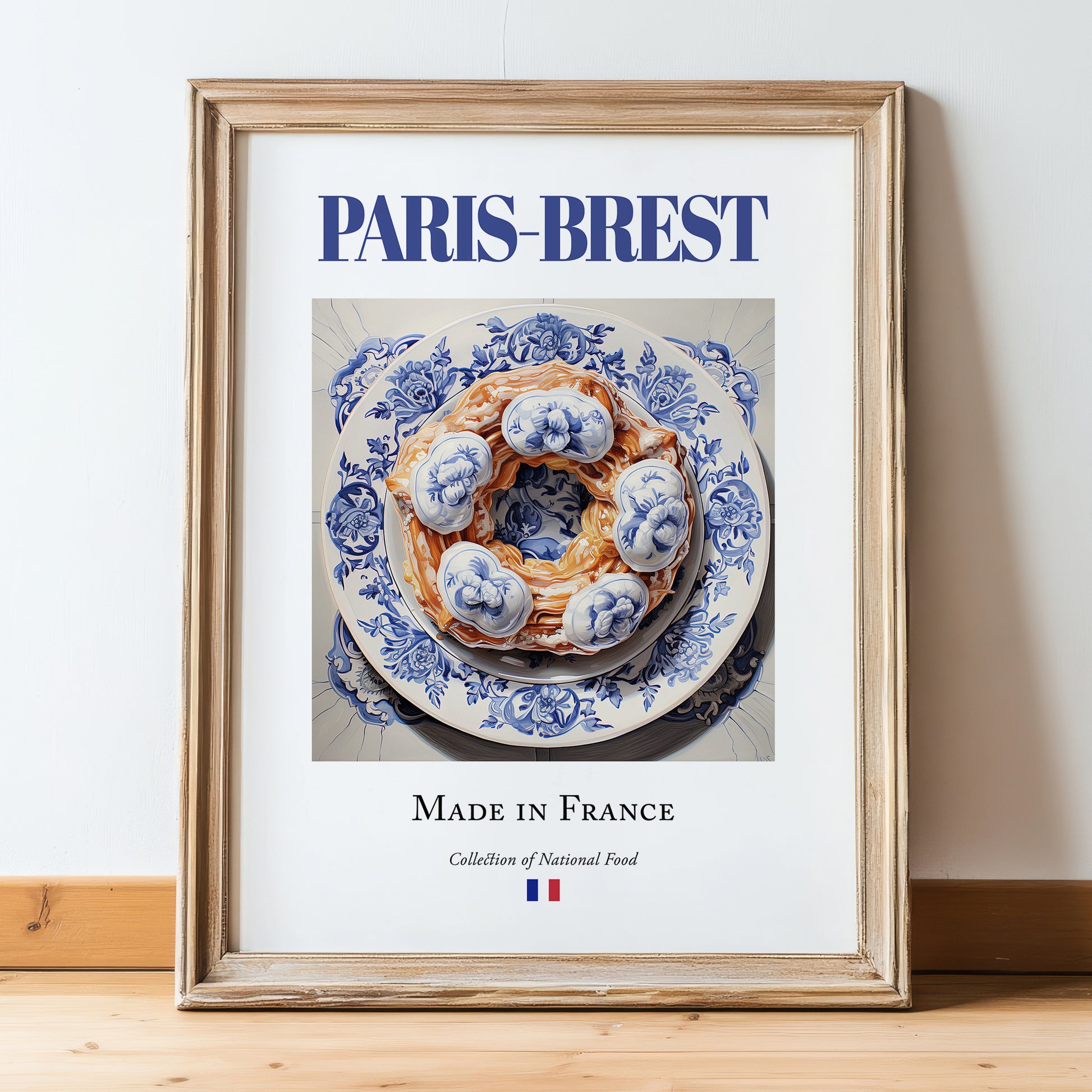 Paris-Brest – French Dessert Dish, Farmhouse Kitchen Poster, in wooden frame leaning on the floor