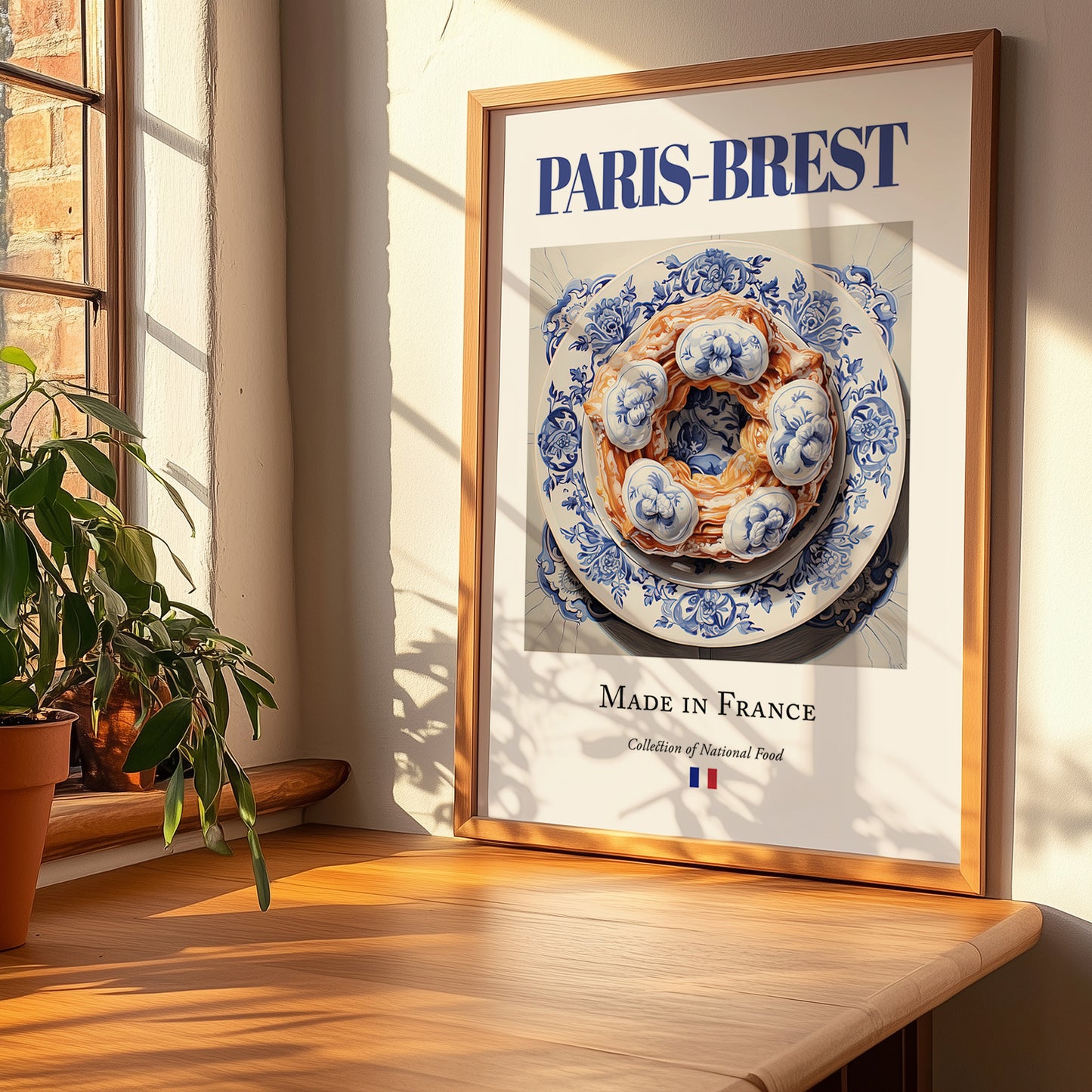 Paris-Brest – French Dessert Dish, Farmhouse Kitchen Poster, no-text version framed in wood