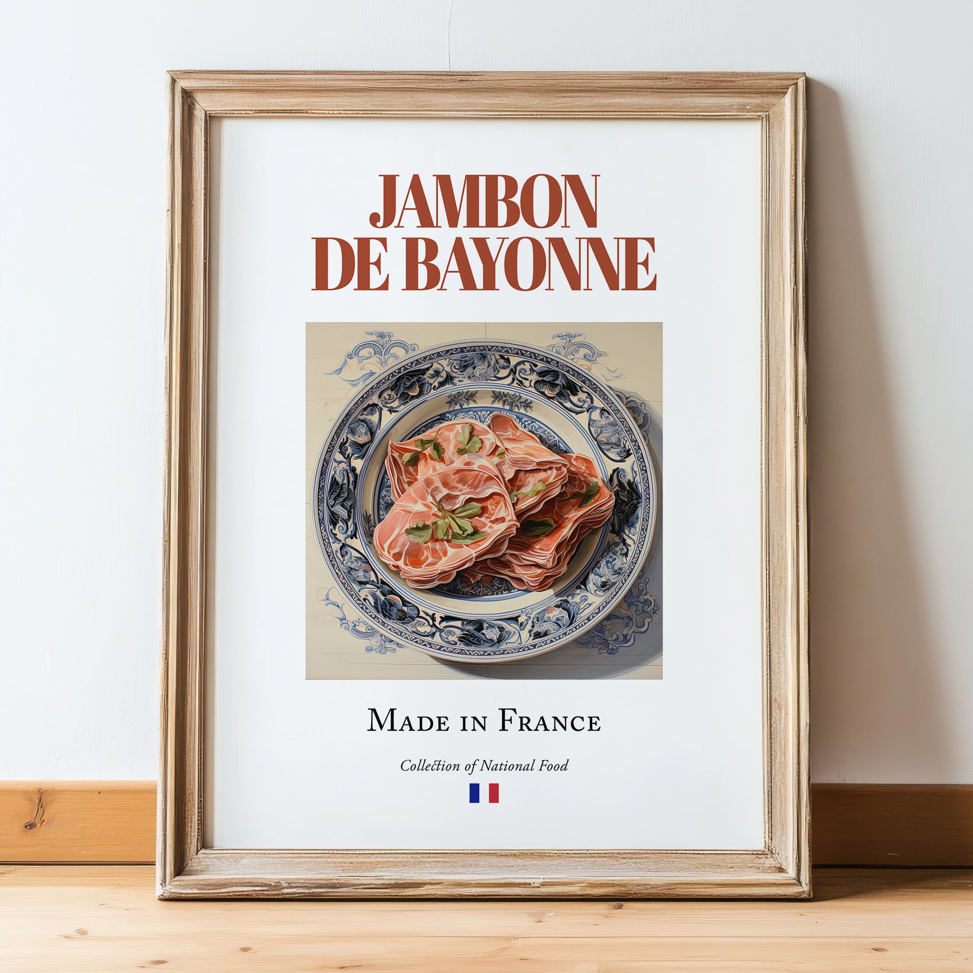 Jambon de Bayonne – French Meat Dish, Tavern Print, in wooden frame leaning on the floor