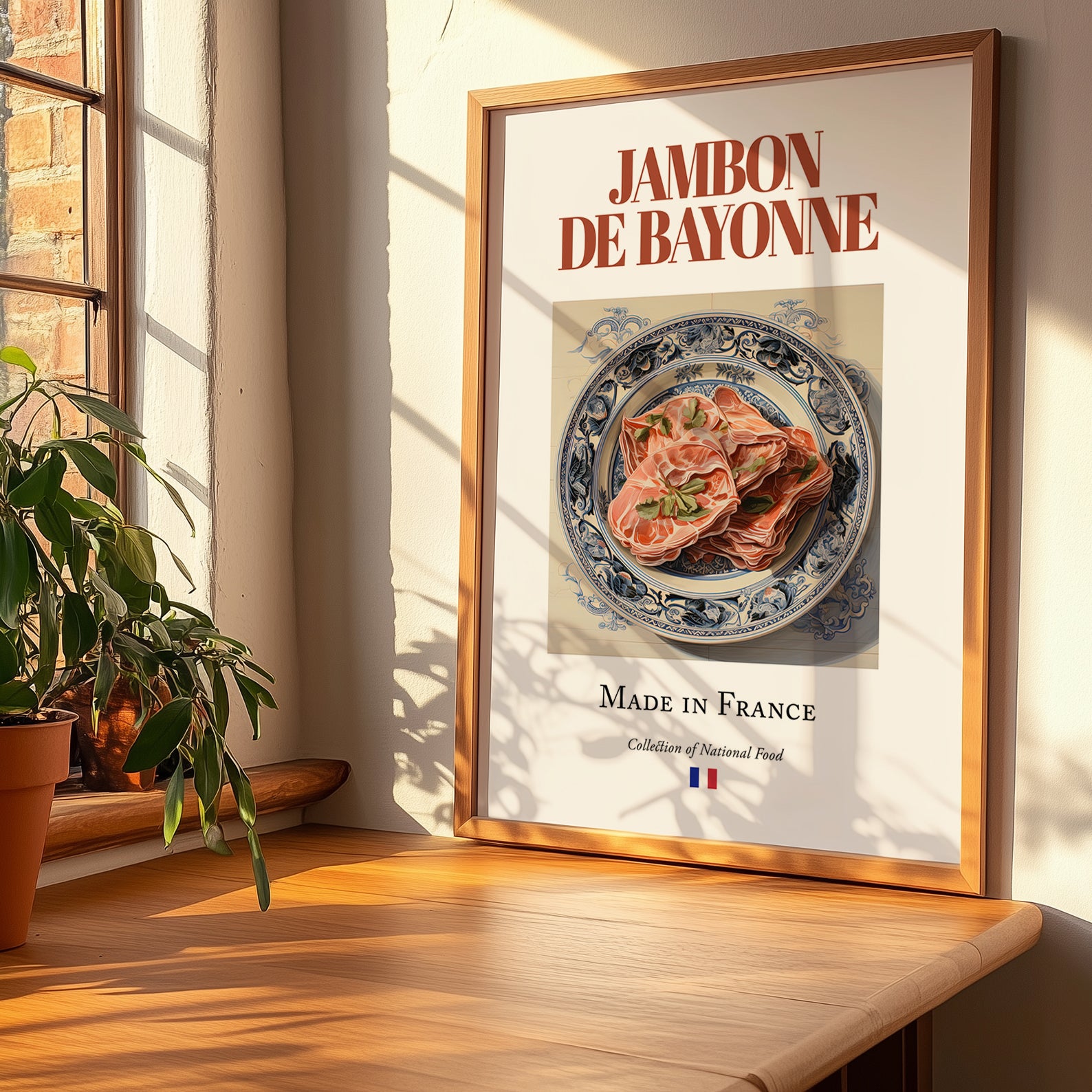 Jambon de Bayonne – French Meat Dish, Tavern Print, no-text version framed in wood