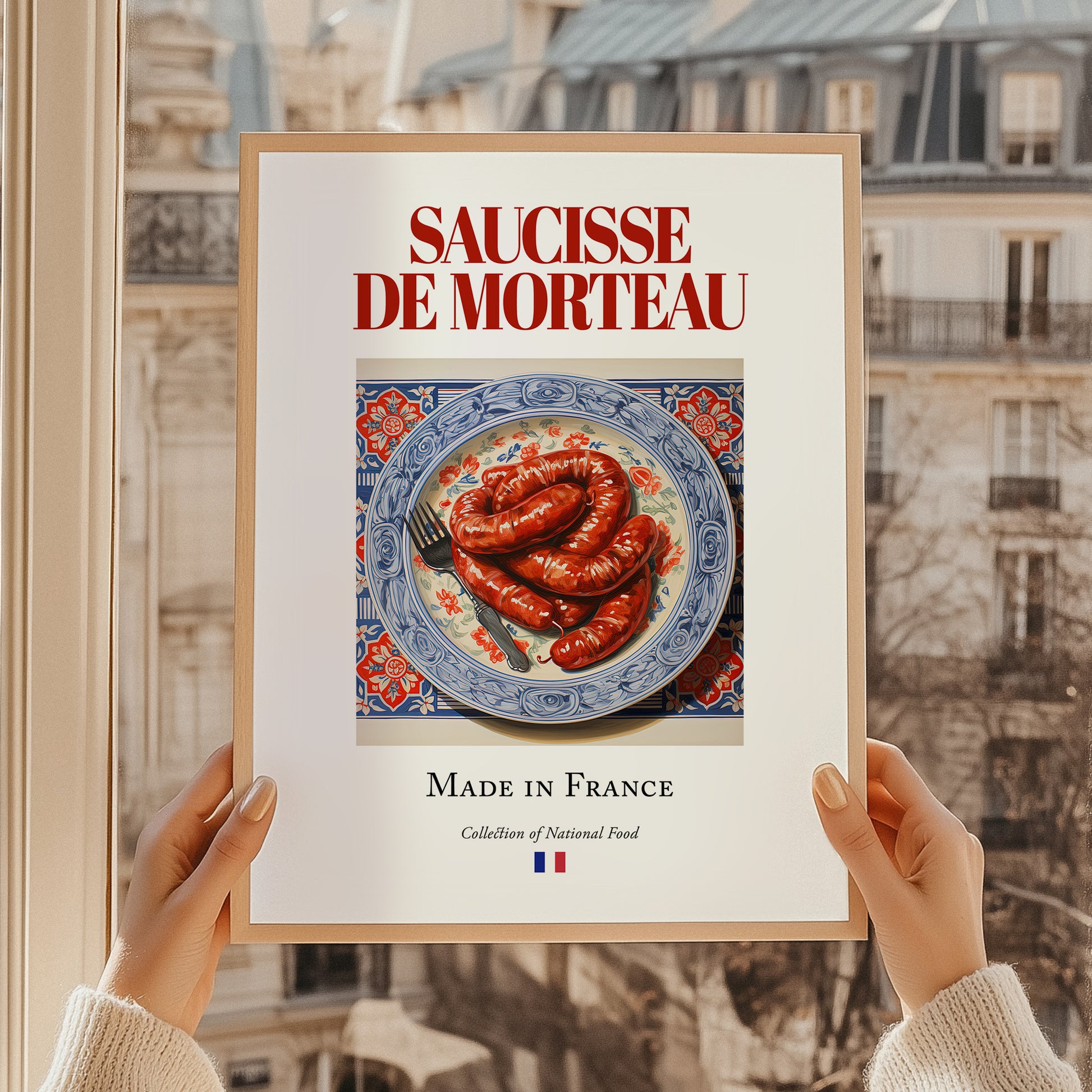 Saucisse de Morteau – French Meat Dish, Fine Dining Restaurant Poster, styled in a charming Paris street view