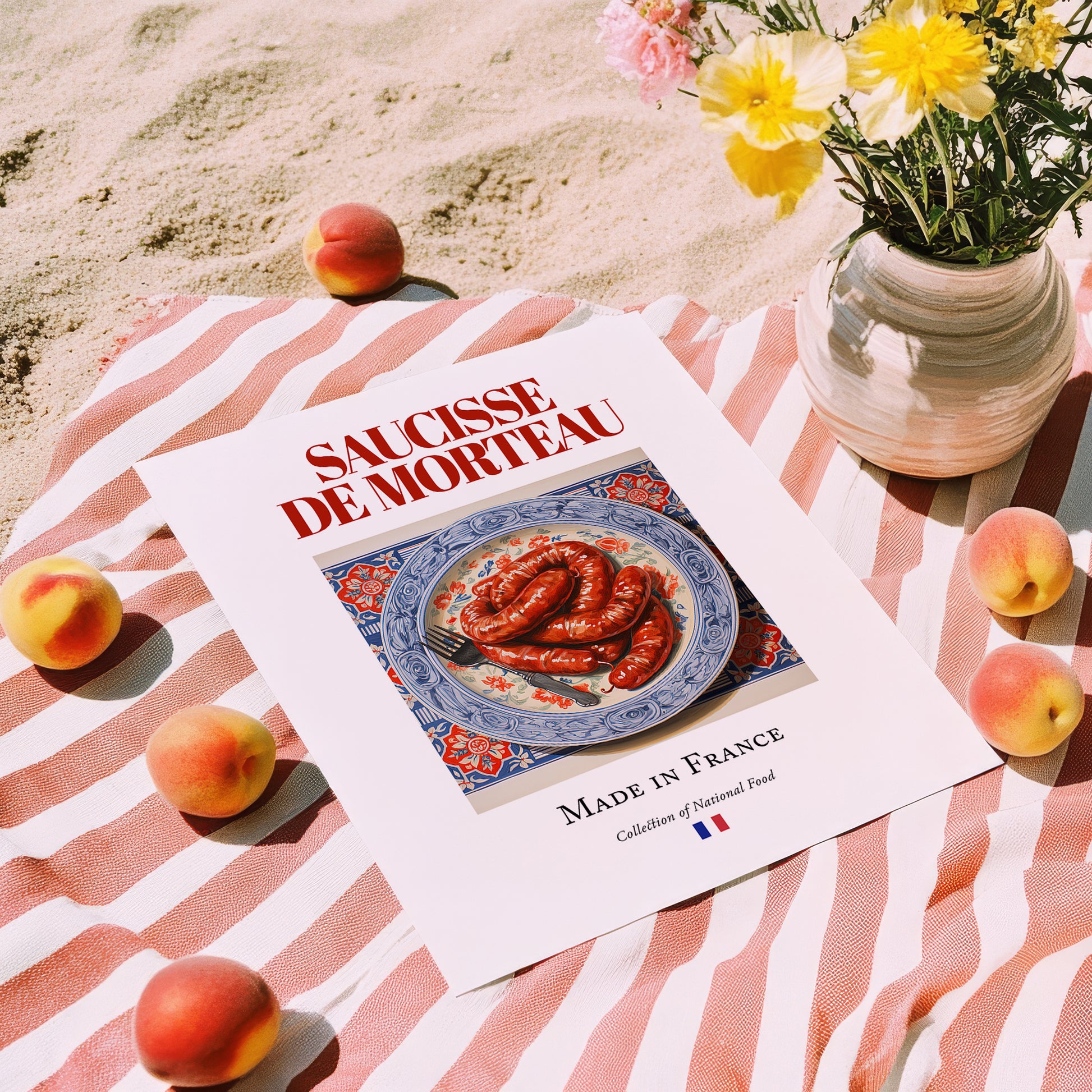 Saucisse de Morteau – French Meat Dish, Fine Dining Restaurant Poster, unframed on coastal sand