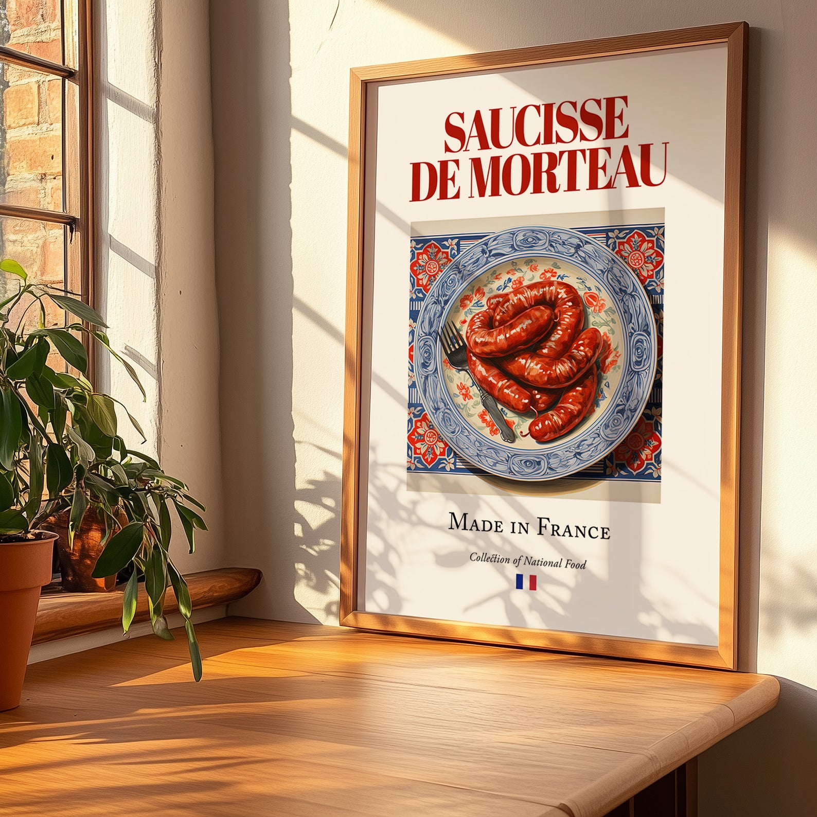 Saucisse de Morteau – French Meat Dish, Fine Dining Restaurant Poster, no-text version framed in wood