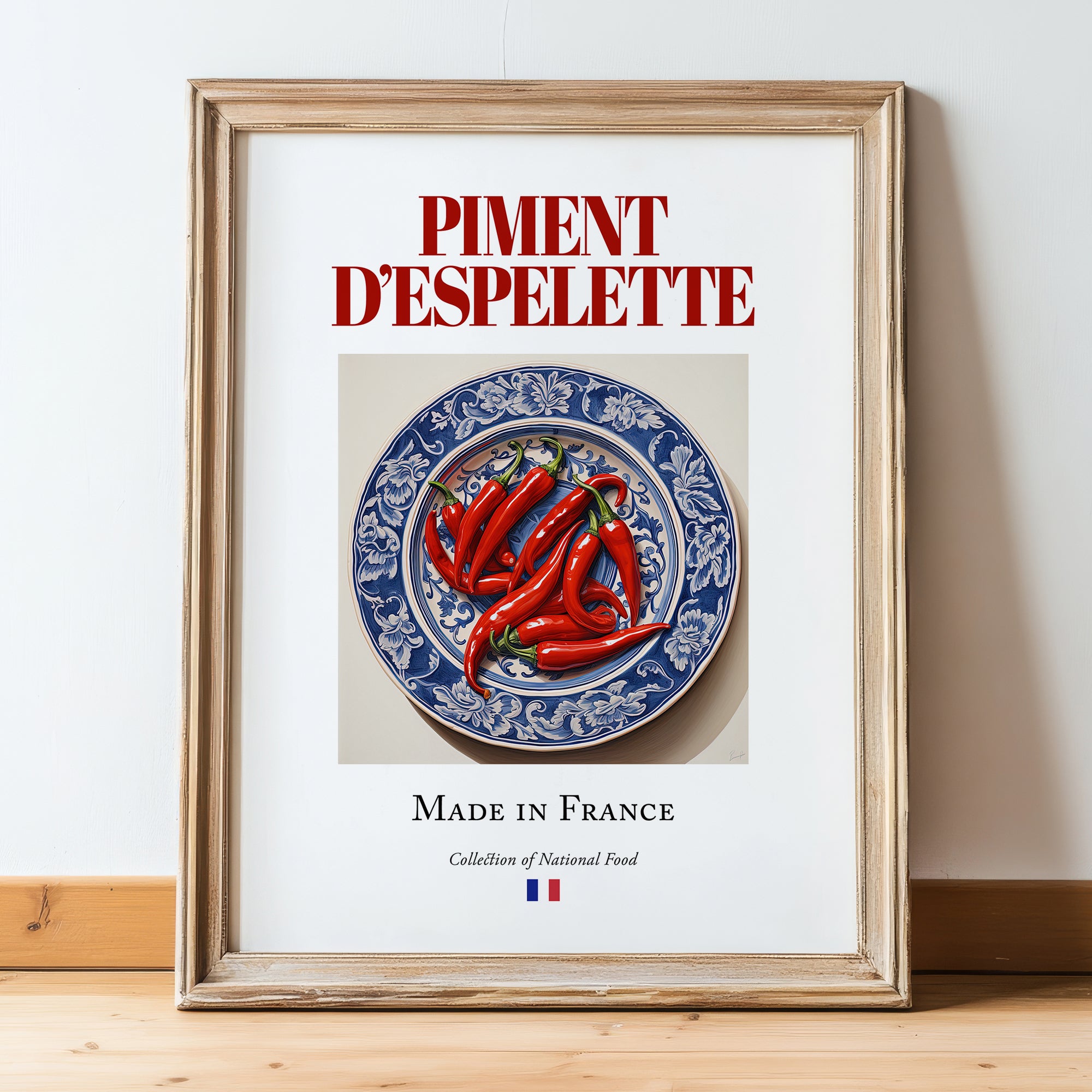 Piment d'Espelette – French Spice Dish, Café Print, in wooden frame leaning on the floor