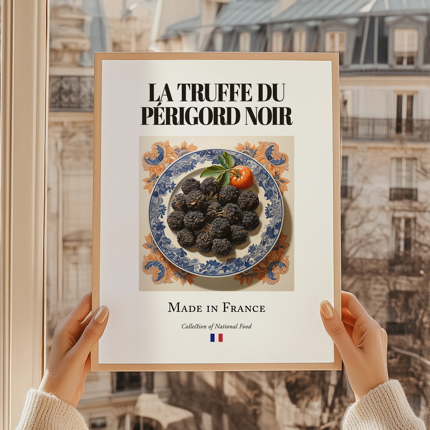 Black Périgord Truffle – French Ingredient Dish, Tavern Wall Art, styled in a charming Paris street view