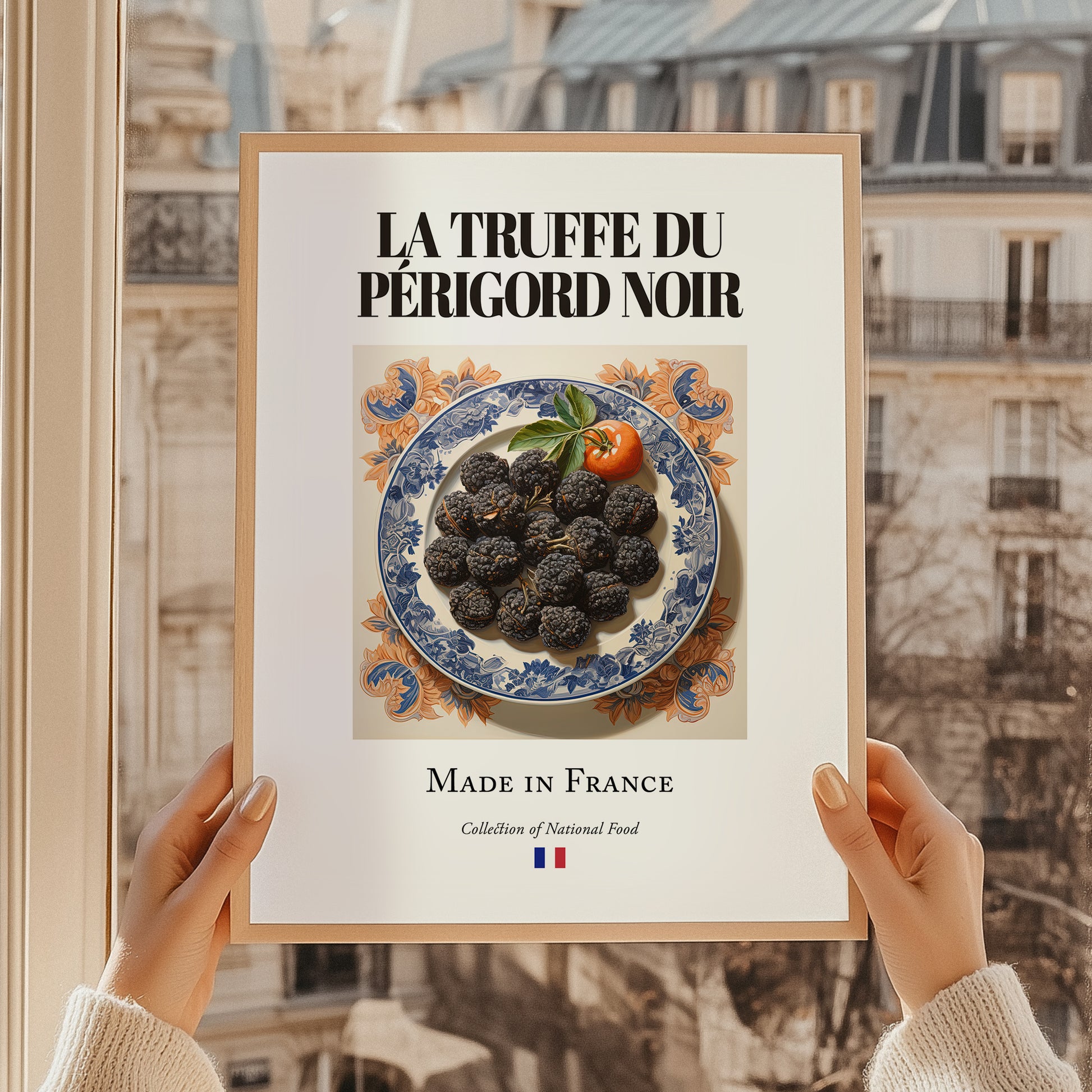 Black Périgord Truffle – French Ingredient Dish, Tavern Wall Art, styled in a charming Paris street view