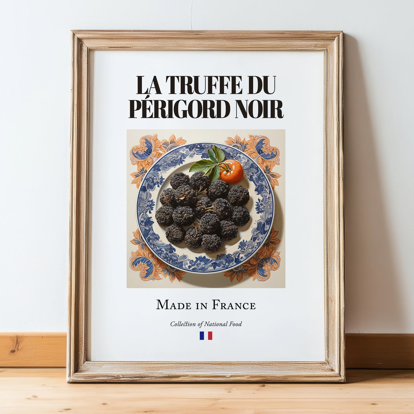 Black Périgord Truffle – French Ingredient Dish, Tavern Wall Art, in wooden frame leaning on the floor