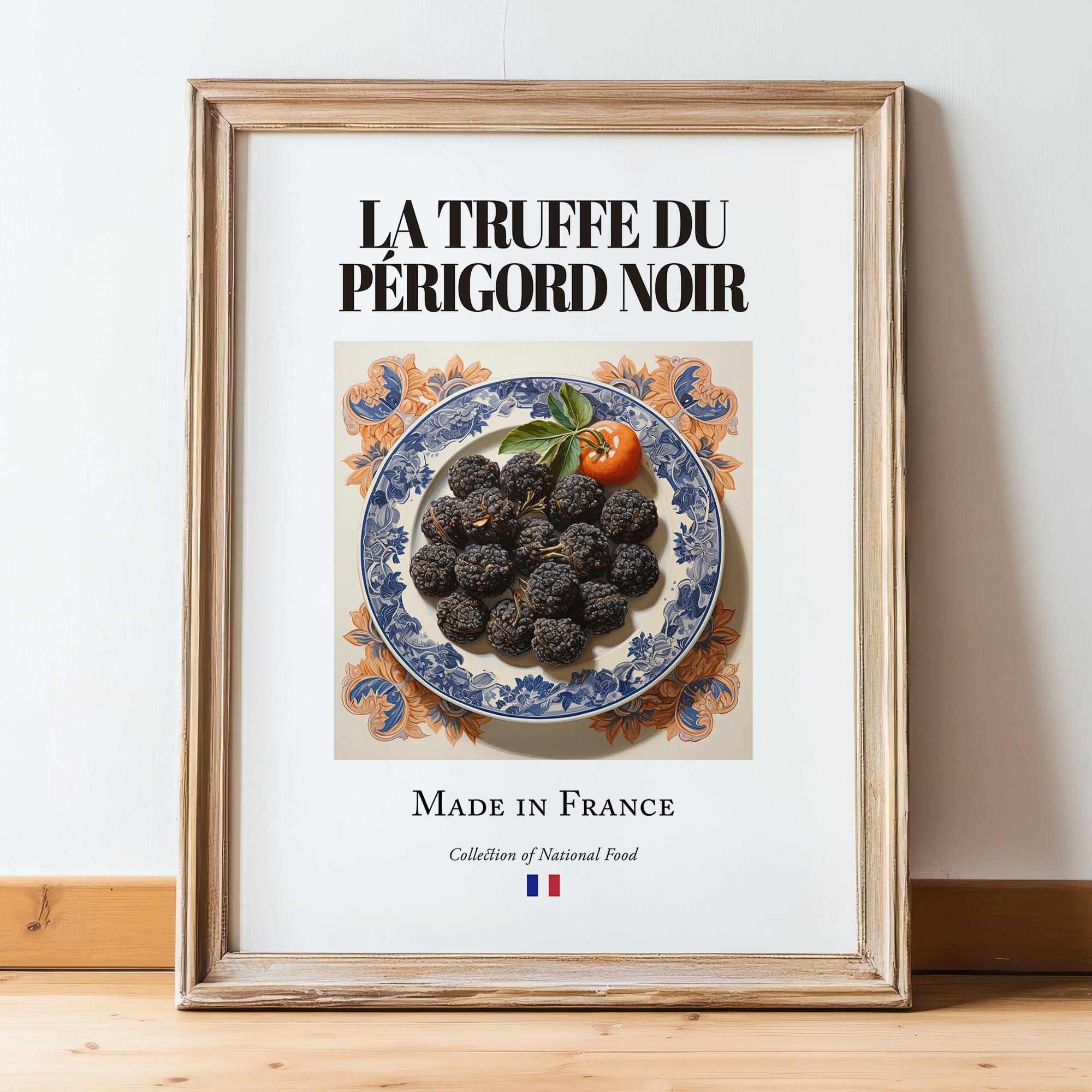 Black Périgord Truffle – French Ingredient Dish, Tavern Wall Art, in wooden frame leaning on the floor