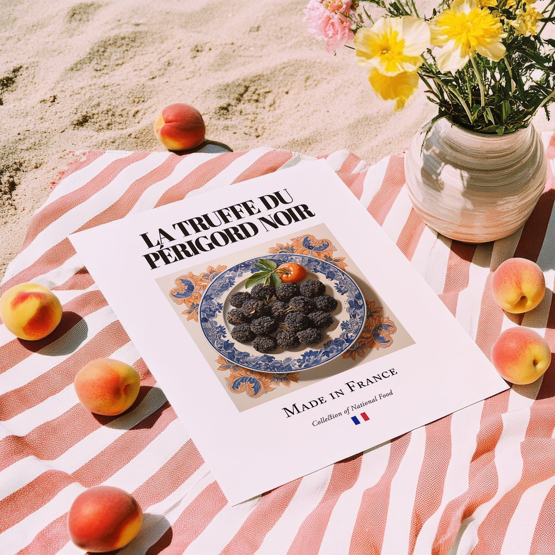 Black Périgord Truffle – French Ingredient Dish, Tavern Wall Art, unframed on coastal sand