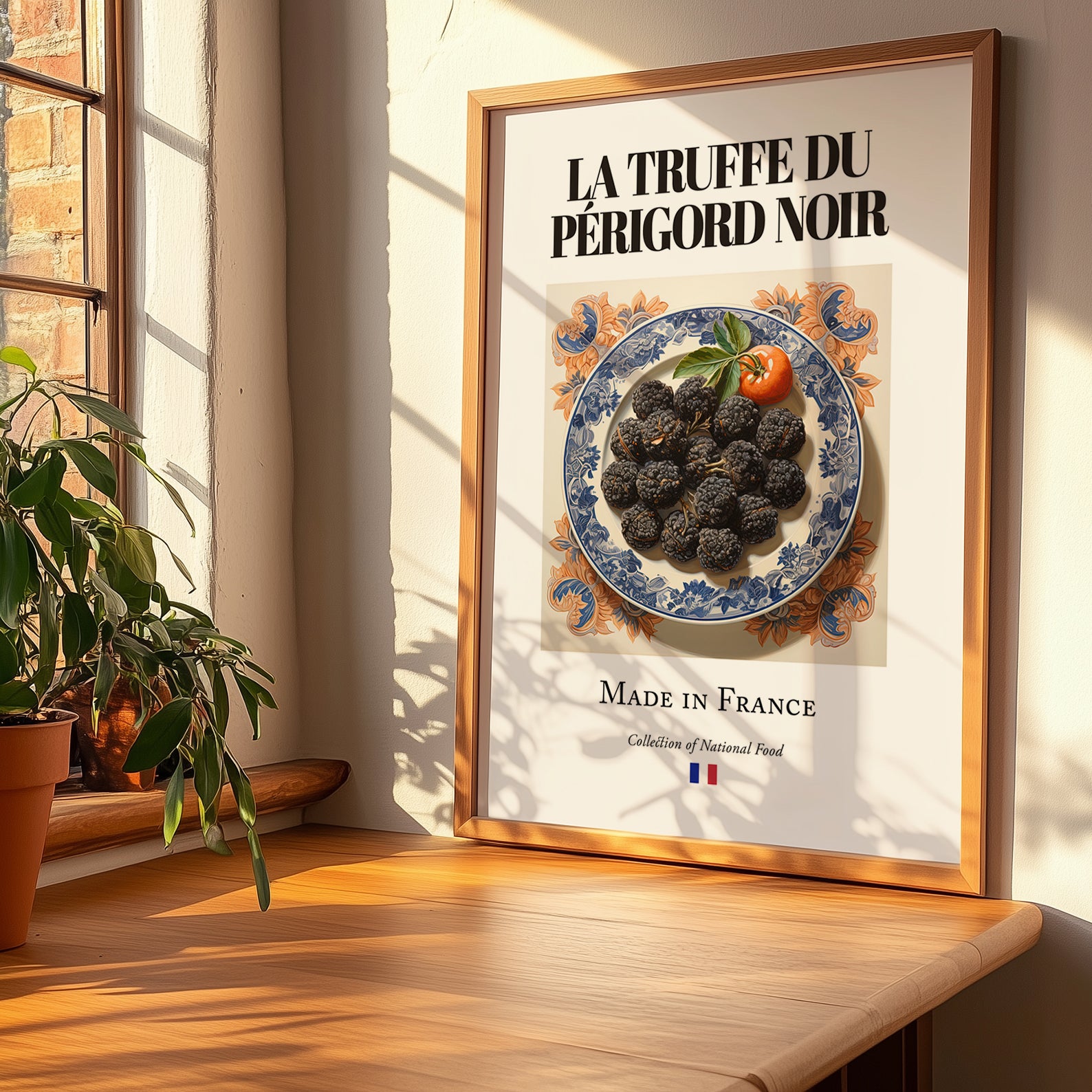 Black Périgord Truffle – French Ingredient Dish, Tavern Wall Art, no-text version framed in wood