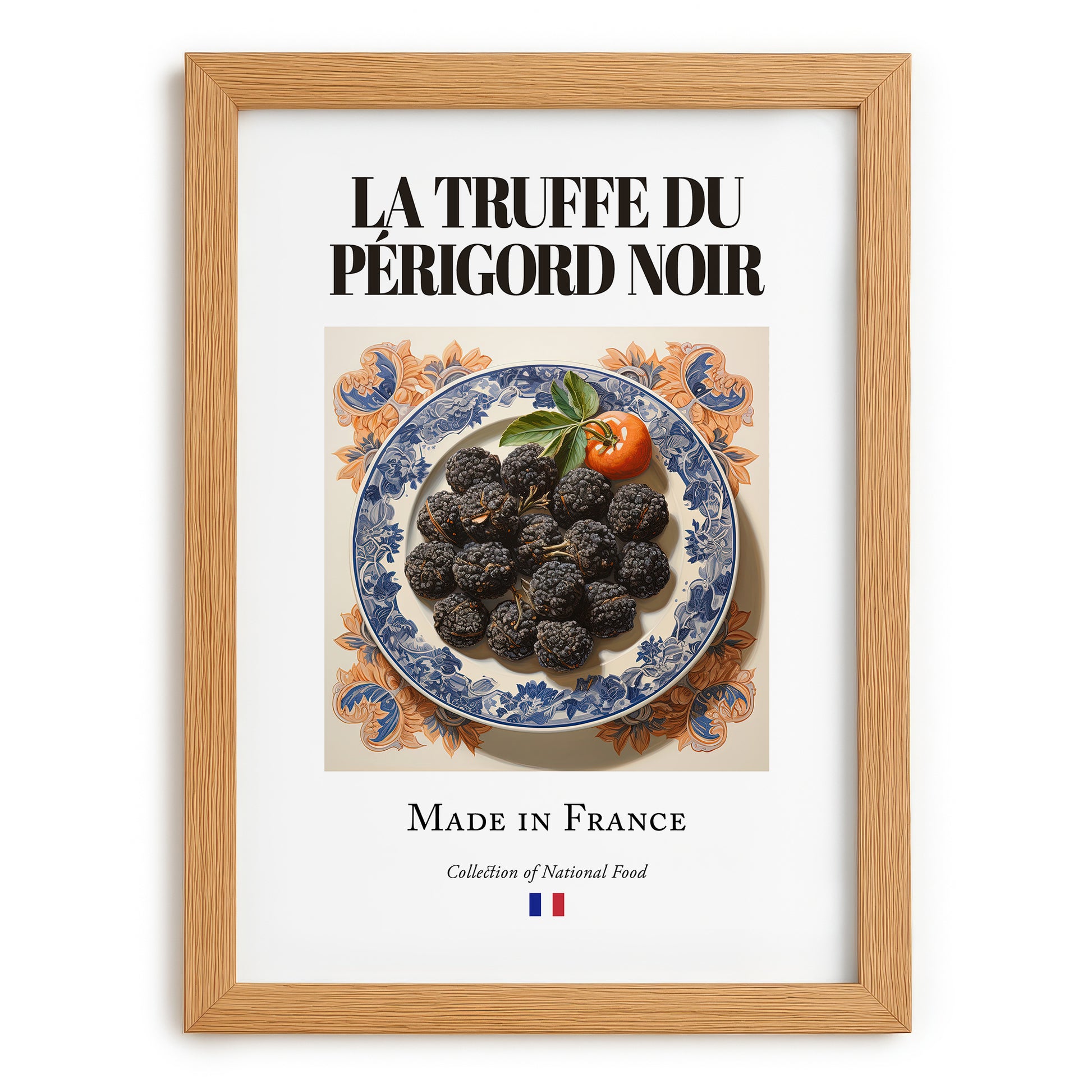 Black Périgord Truffle – French Ingredient Dish, Tavern Wall Art, set in oak frame