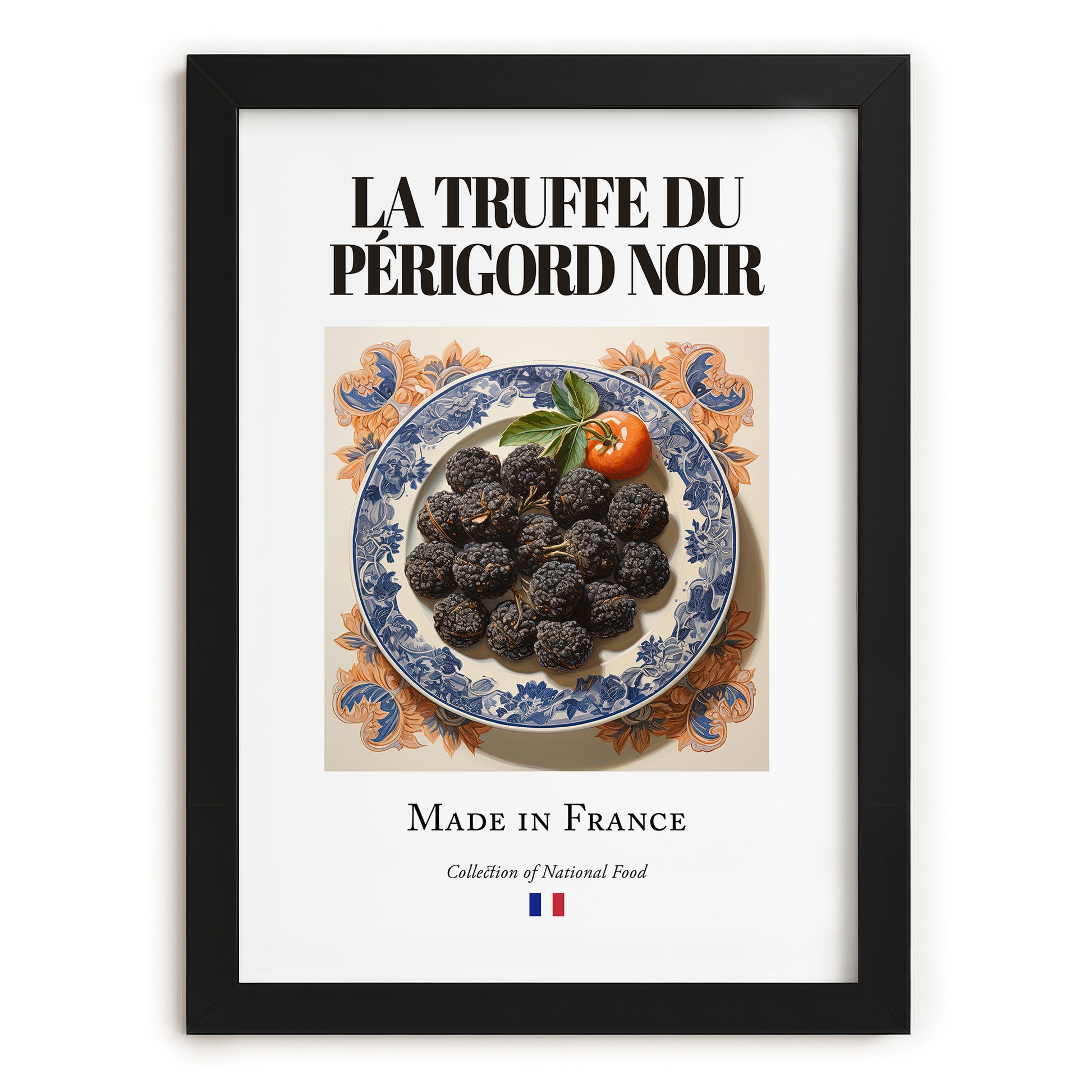 Black Périgord Truffle – French Ingredient Dish, Tavern Wall Art, in sleek black frame
