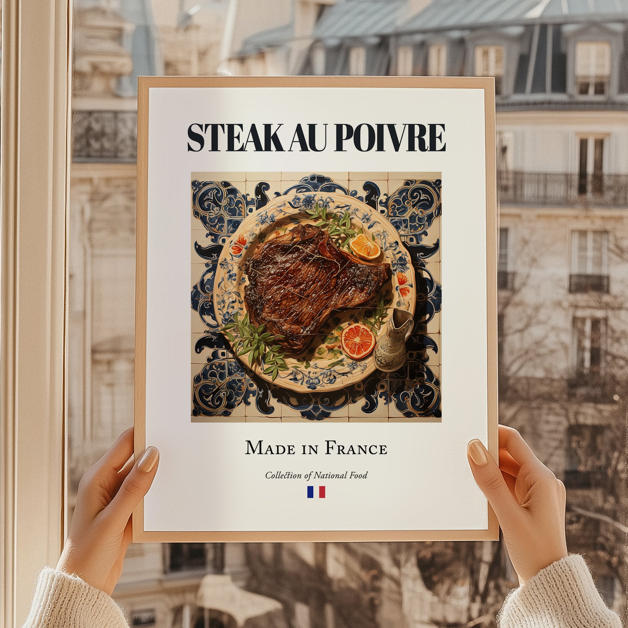 Steak au poivre – French Meat Dish, Tavern Art, styled in a charming Paris street view