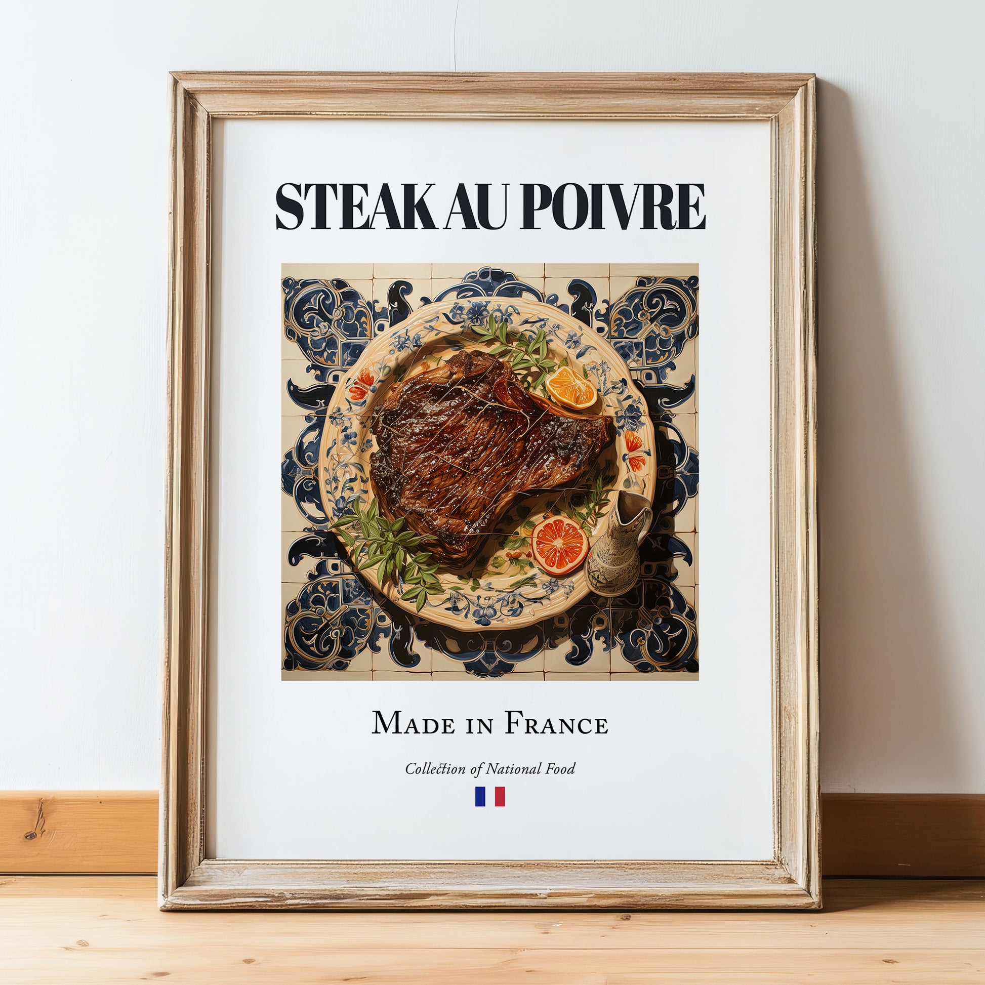 Steak au poivre – French Meat Dish, Tavern Art, in wooden frame leaning on the floor