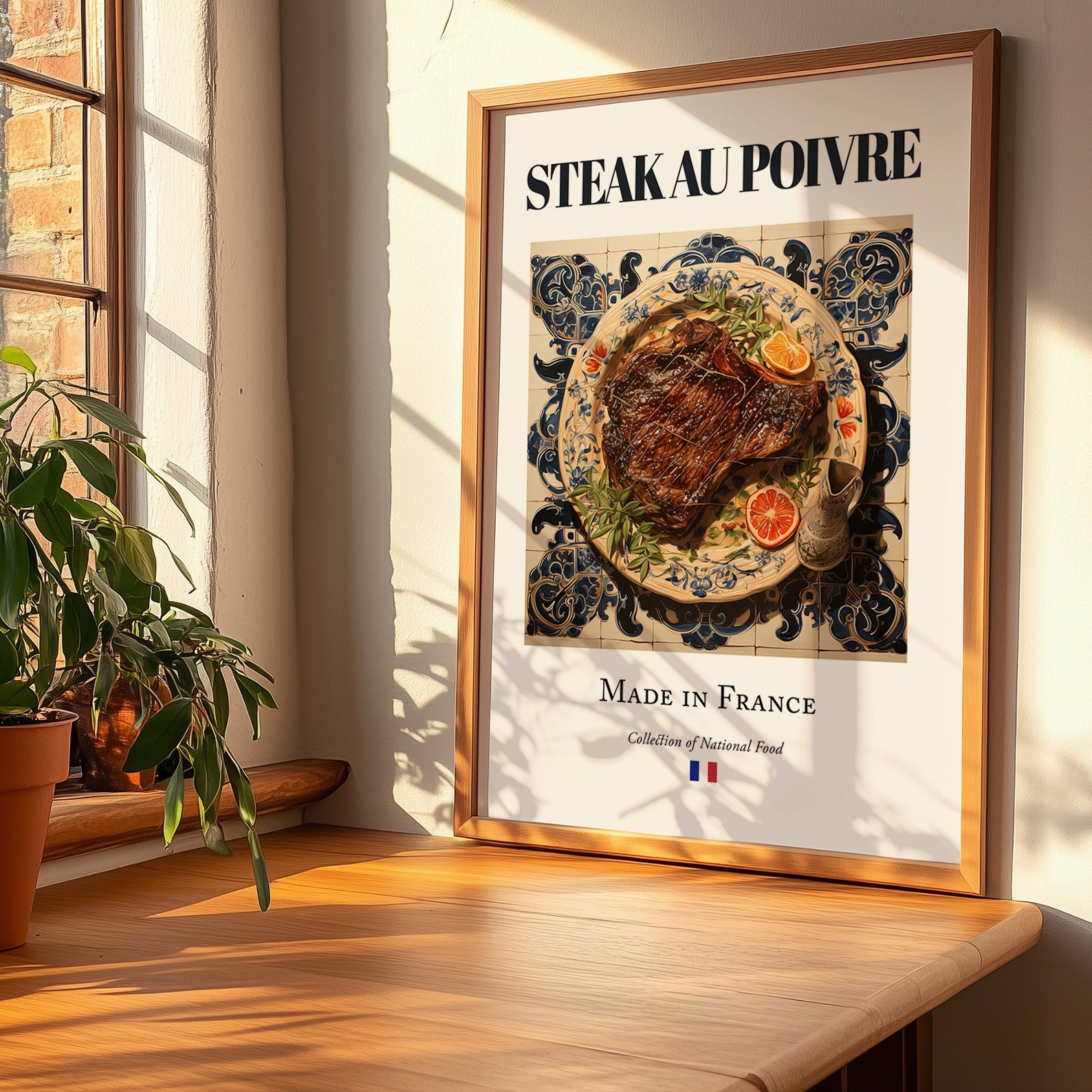 Steak au poivre – French Meat Dish, Tavern Art, no-text version framed in wood