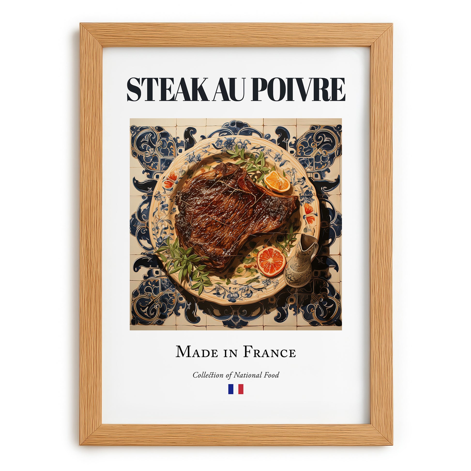 Steak au poivre – French Meat Dish, Tavern Art, set in oak frame