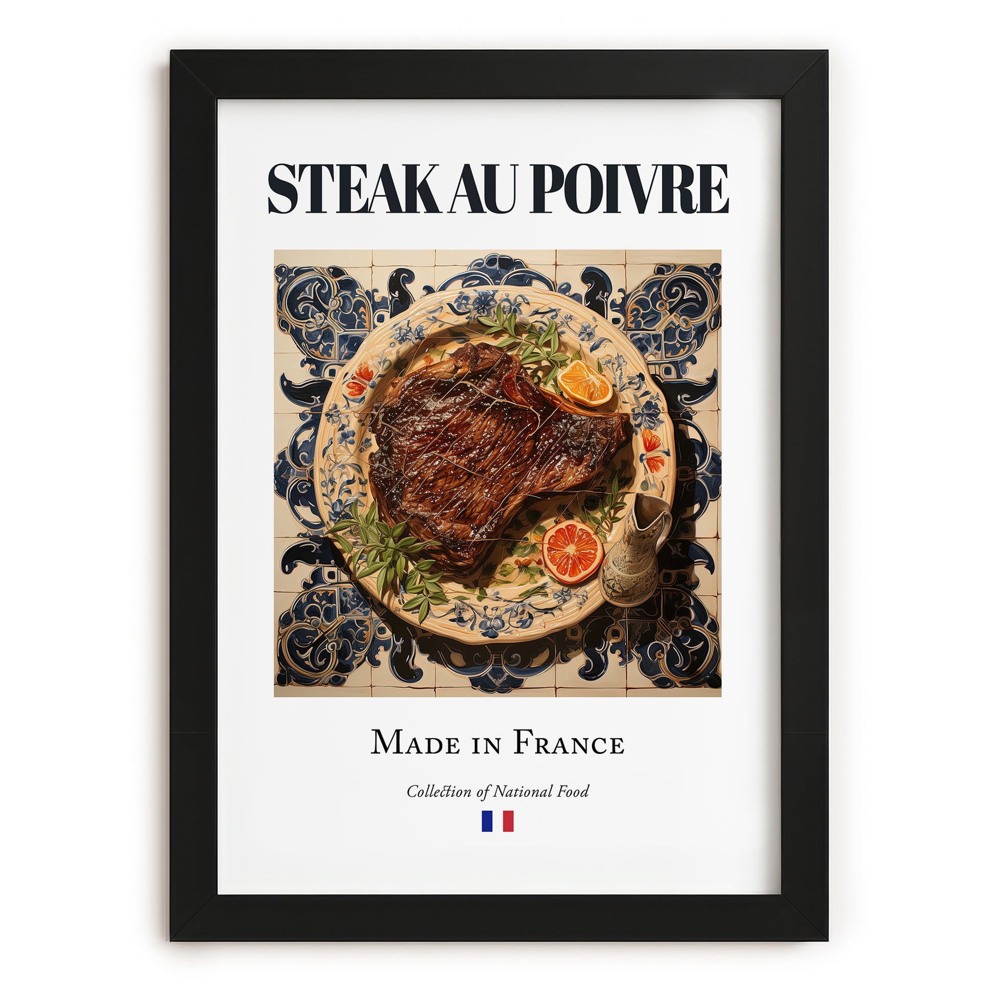 Steak au poivre – French Meat Dish, Tavern Art, in sleek black frame