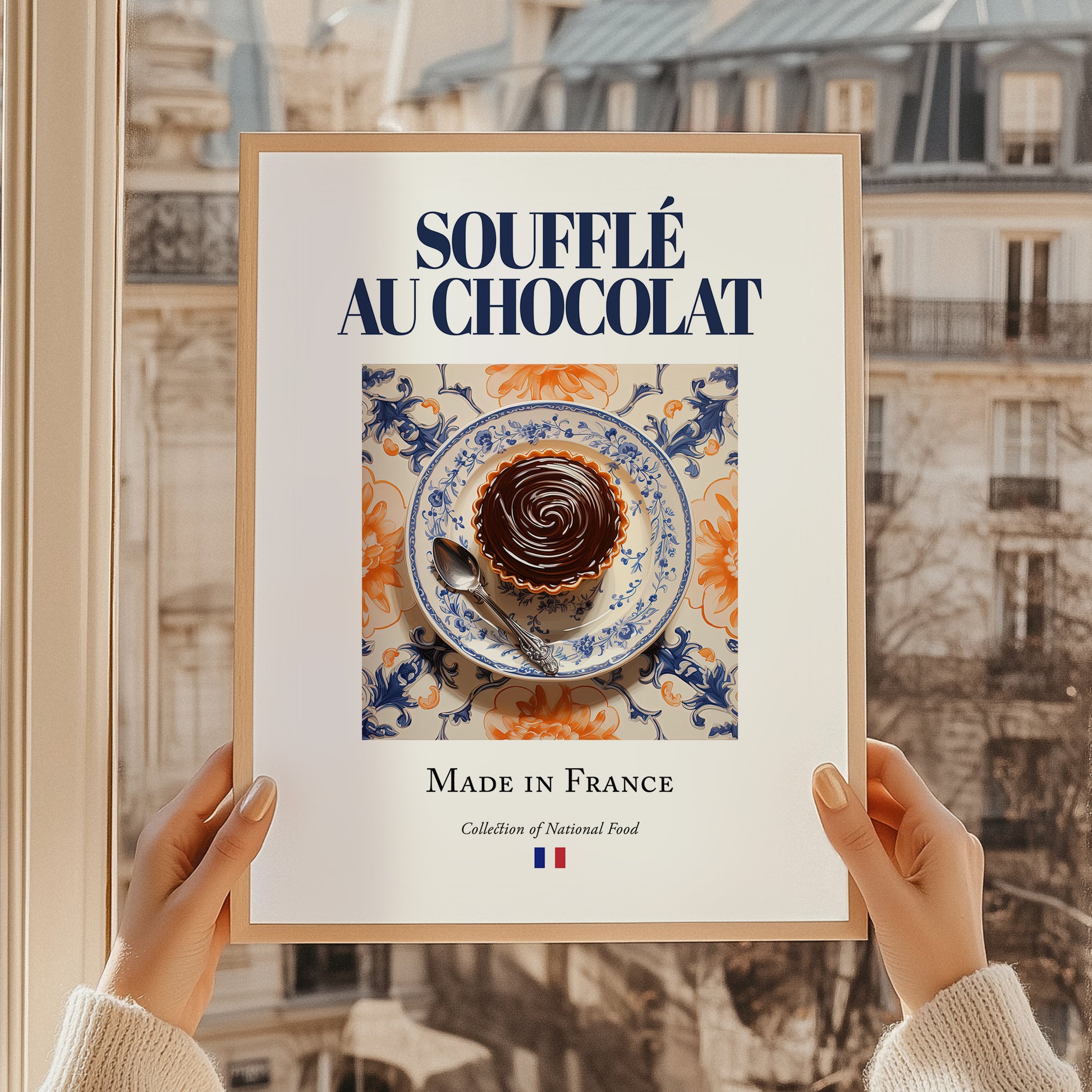 Soufflé au chocolat – French Dessert Dish, Fine Dining Restaurant Wall Art, styled in a charming Paris street view