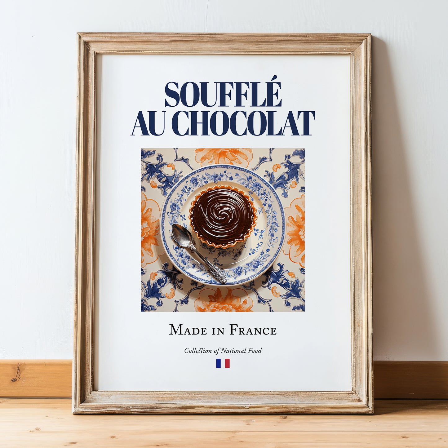 Soufflé au chocolat – French Dessert Dish, Fine Dining Restaurant Wall Art, in wooden frame leaning on the floor