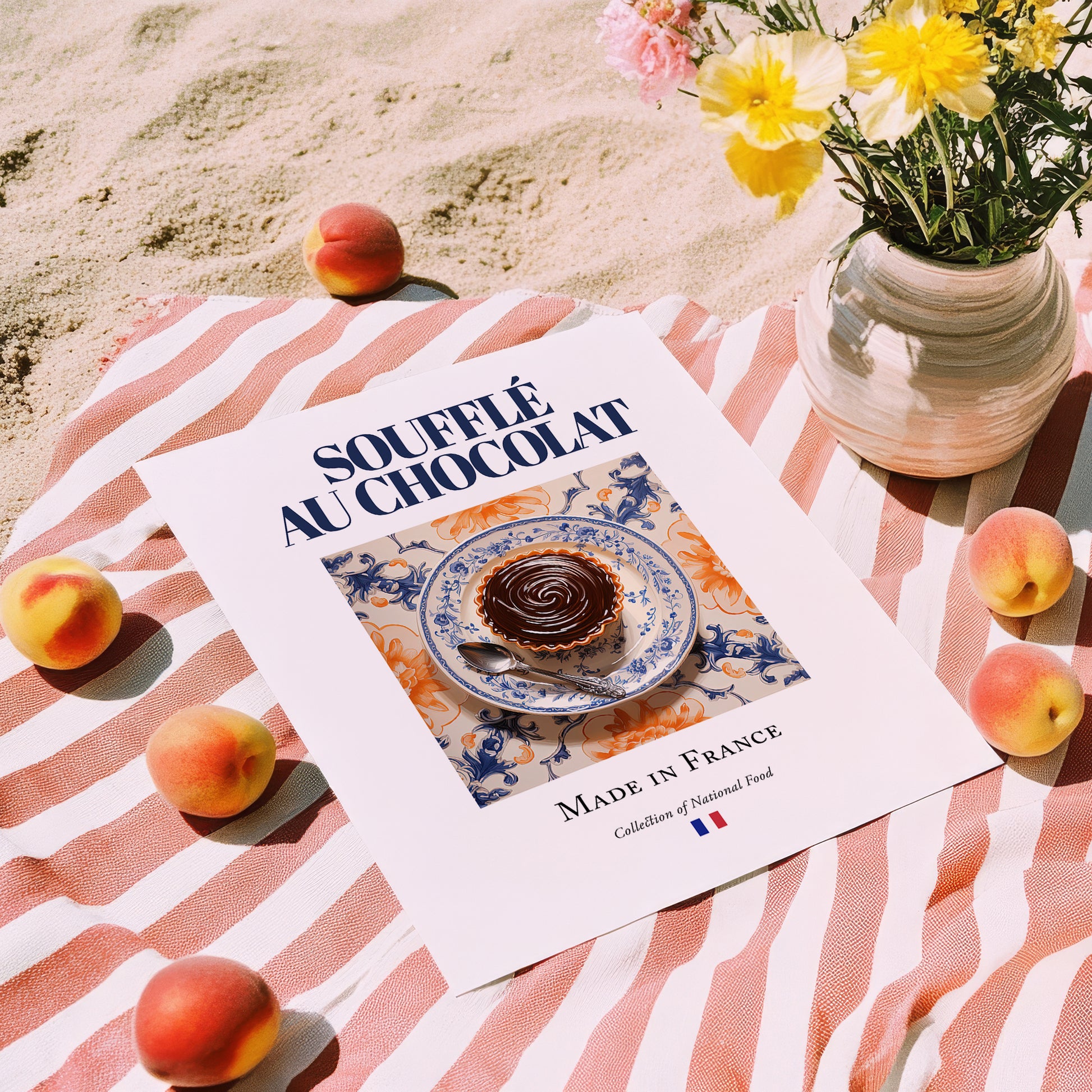 Soufflé au chocolat – French Dessert Dish, Fine Dining Restaurant Wall Art, unframed on coastal sand