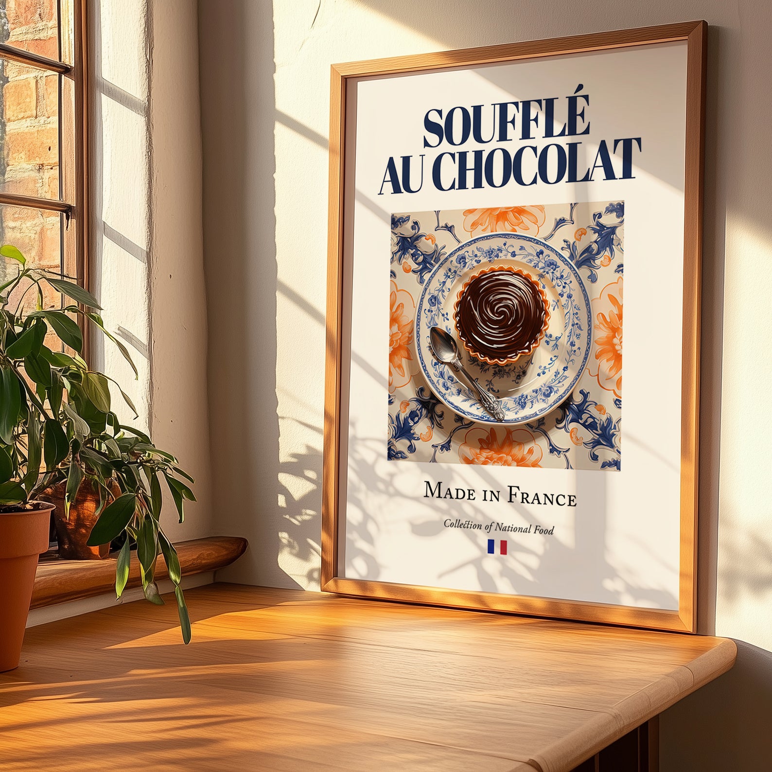 Soufflé au chocolat – French Dessert Dish, Fine Dining Restaurant Wall Art, no-text version framed in wood
