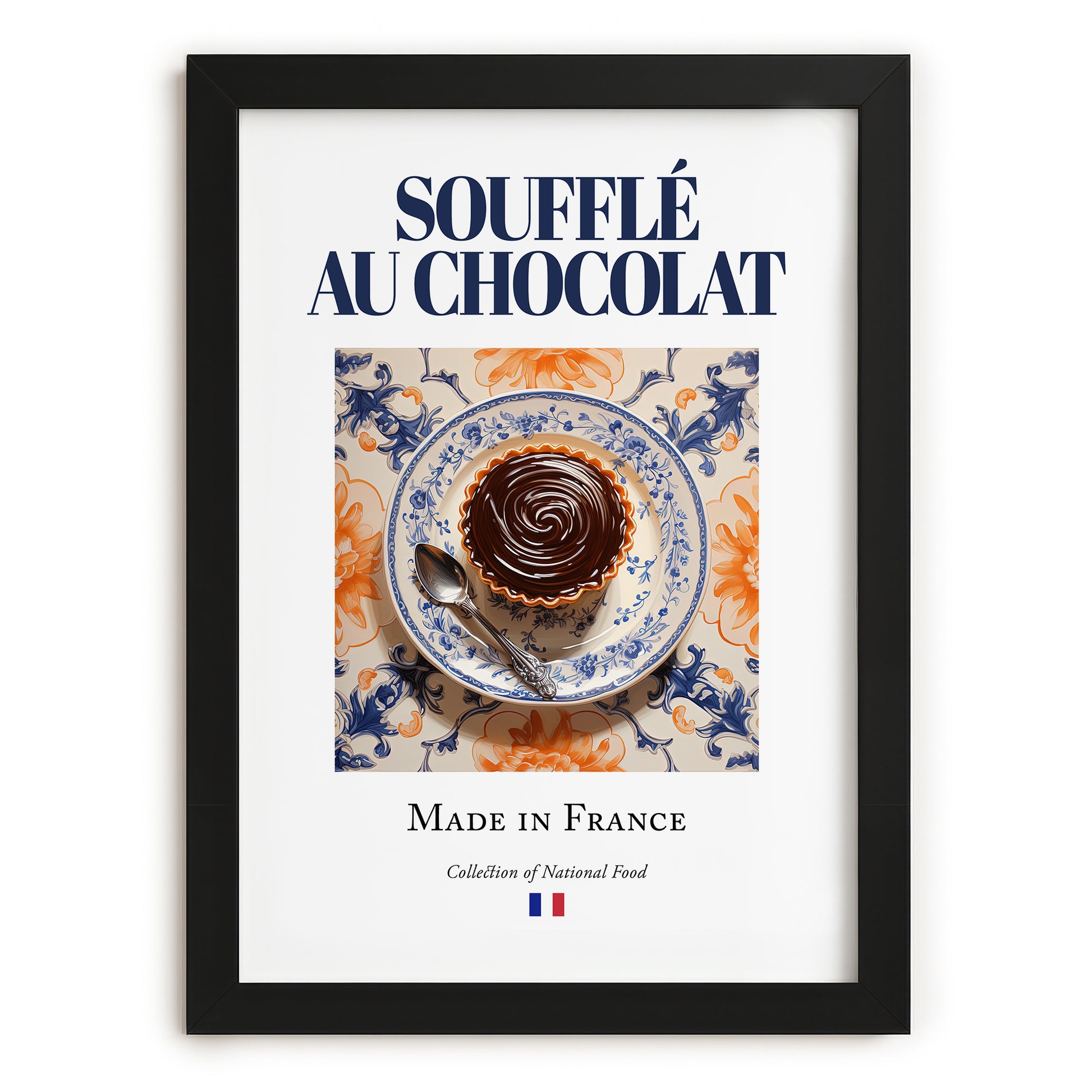 Soufflé au chocolat – French Dessert Dish, Fine Dining Restaurant Wall Art, in sleek black frame