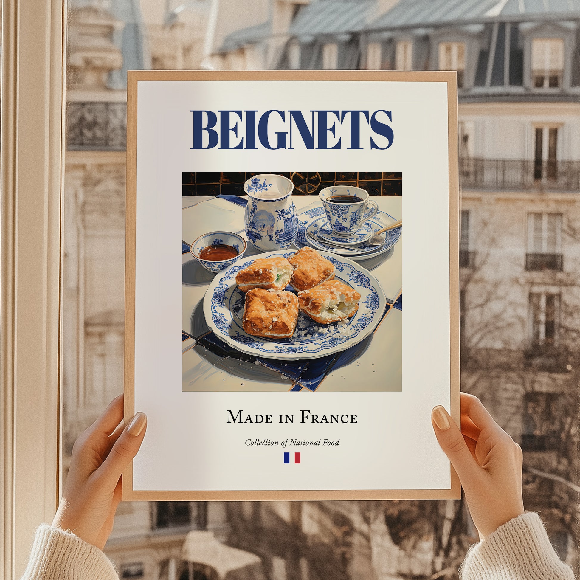 Beignets – French Dessert Dish, Brasserie Wall Art, styled in a charming Paris street view