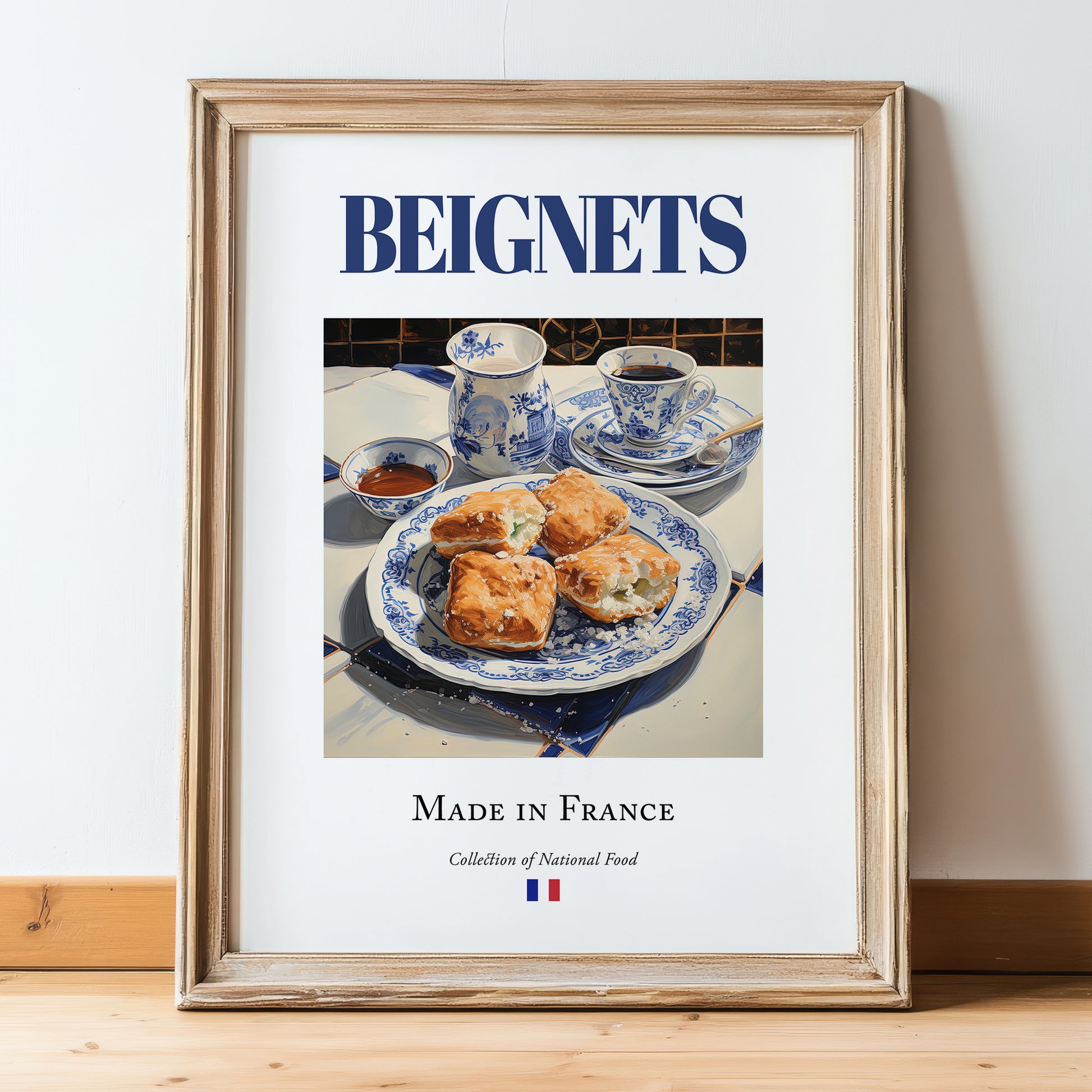 Beignets – French Dessert Dish, Brasserie Wall Art, in wooden frame leaning on the floor