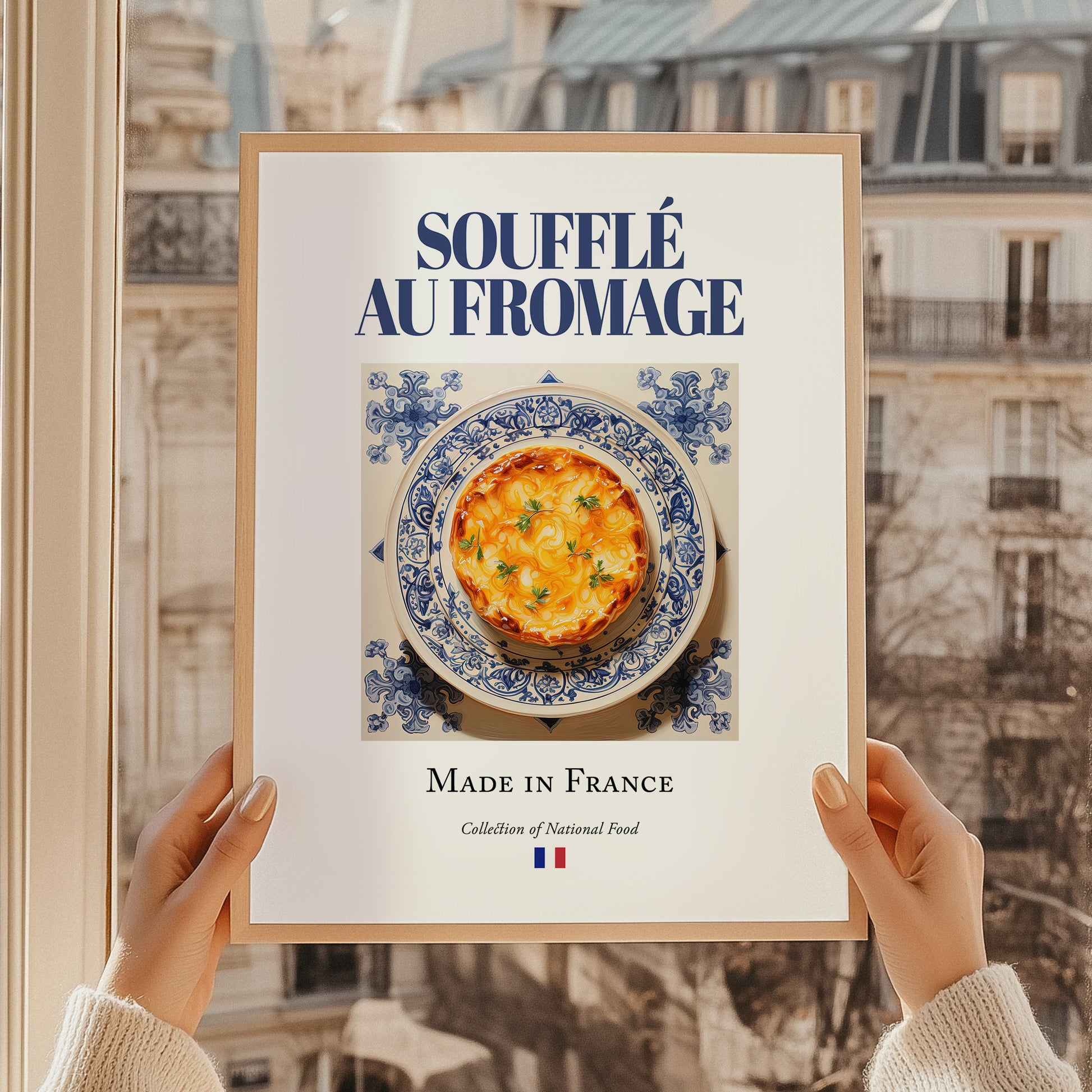 Soufflé au fromage – French Dish, Café Poster, styled in a charming Paris street view