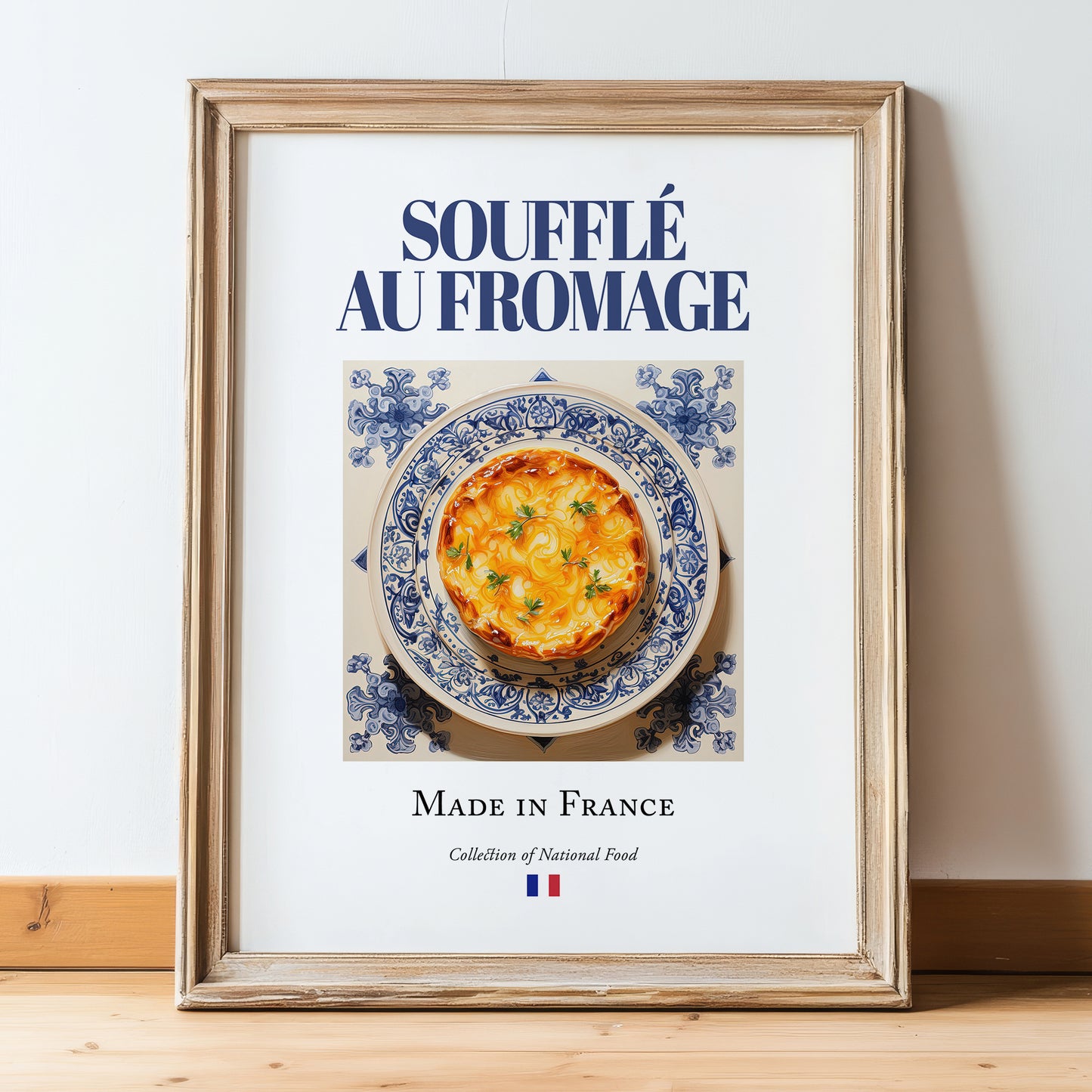 Soufflé au fromage – French Dish, Café Poster, in wooden frame leaning on the floor
