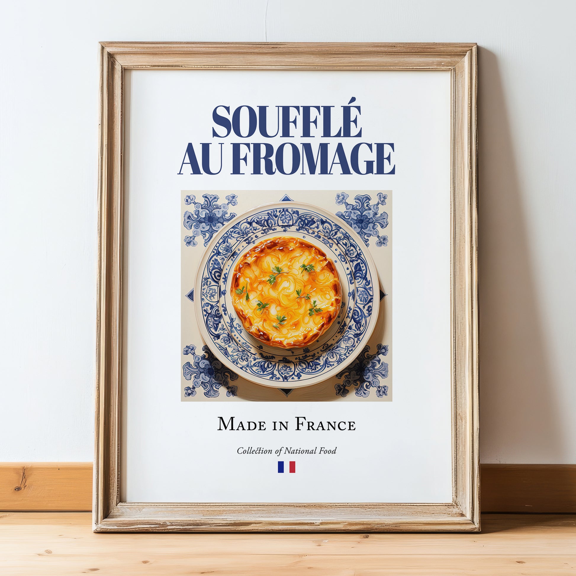 Soufflé au fromage – French Dish, Café Poster, in wooden frame leaning on the floor