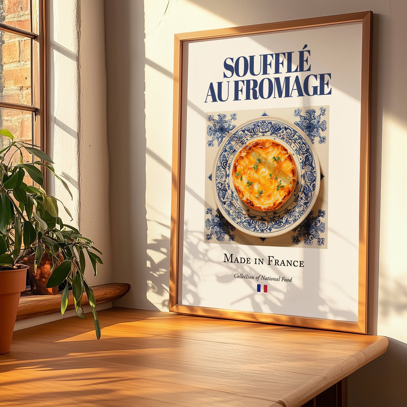 Soufflé au fromage – French Dish, Café Poster, no-text version framed in wood