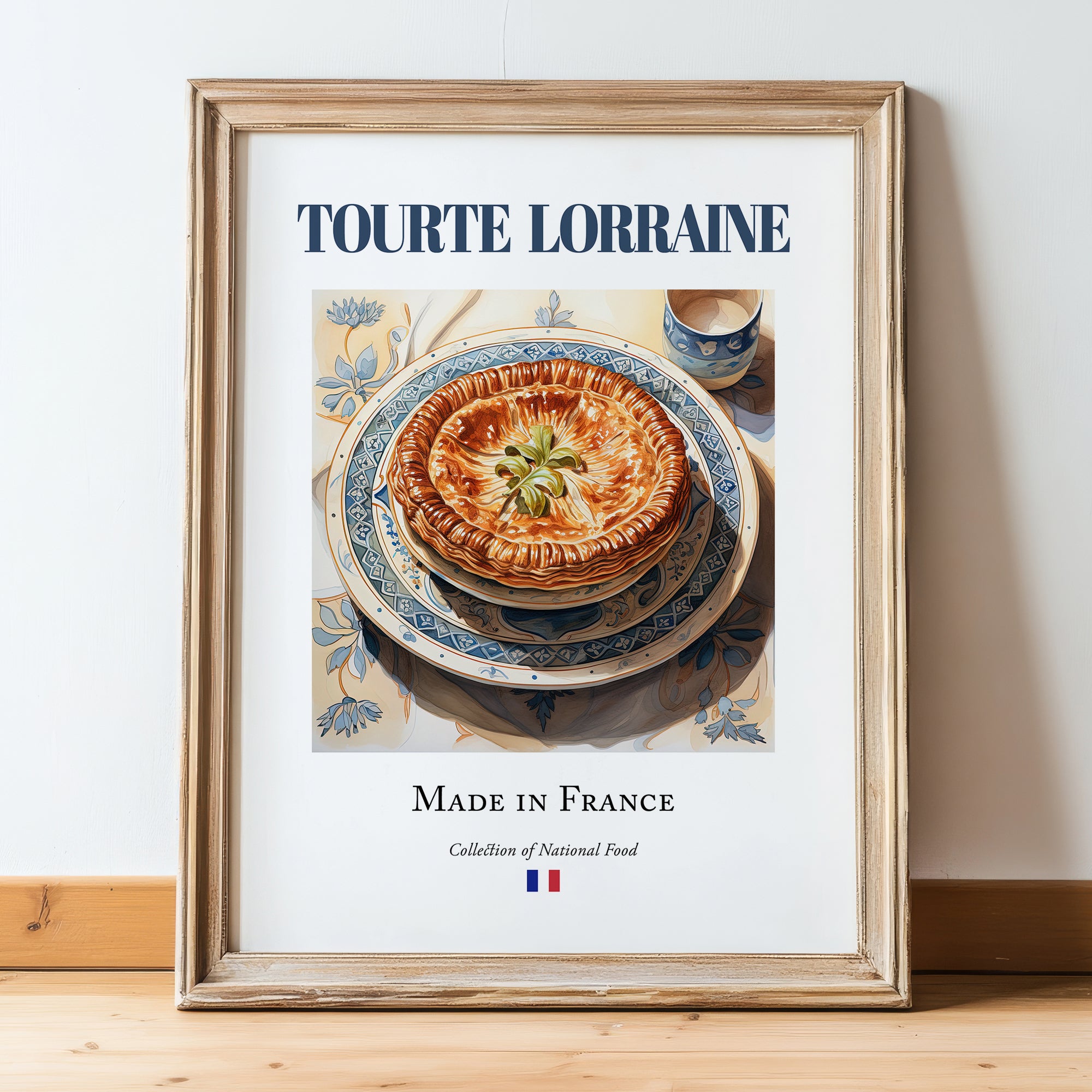 Tourte Lorraine – French Dish, Bistro Wall Decor, in wooden frame leaning on the floor