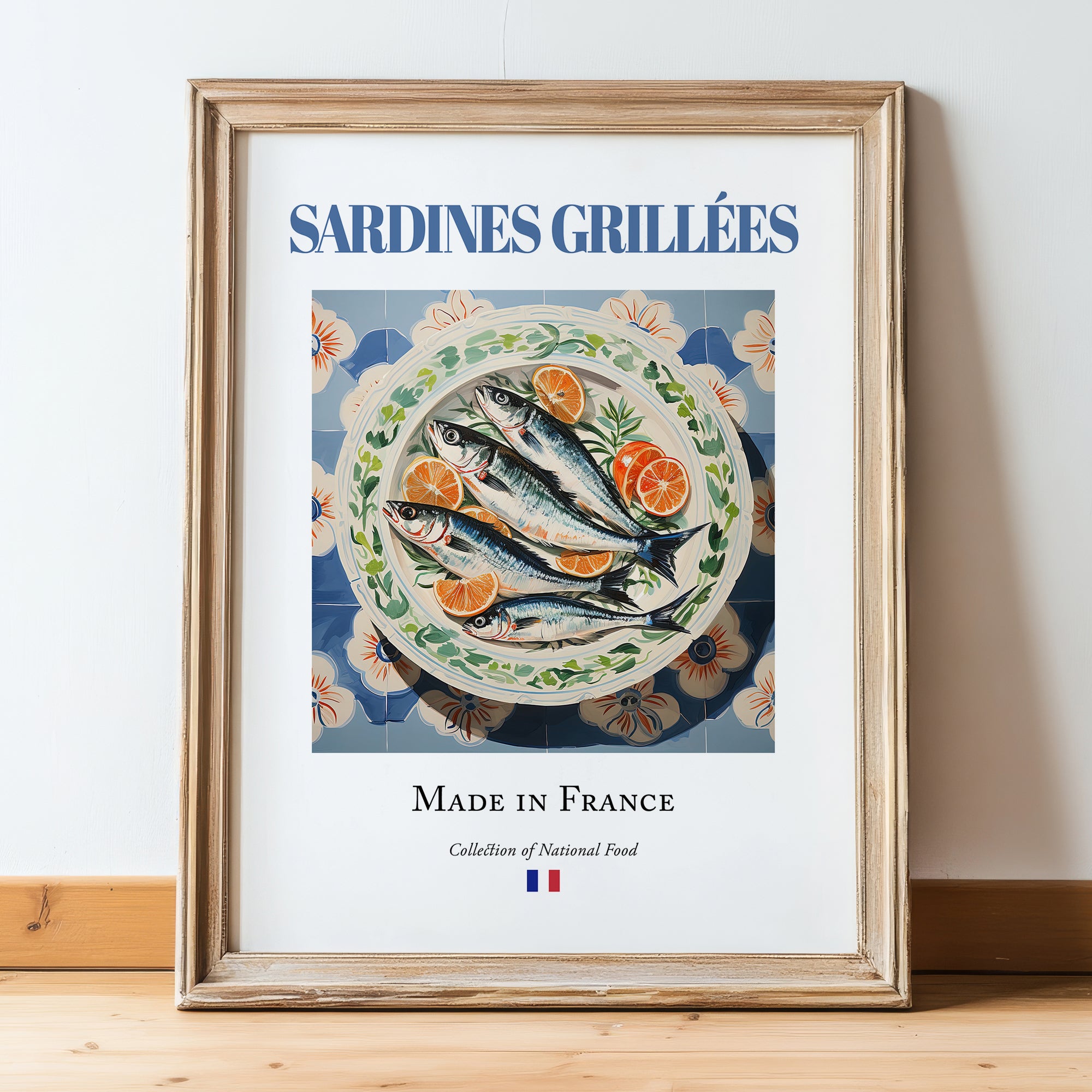 Sardines grillées – French Dish, Brasserie Poster, in wooden frame leaning on the floor
