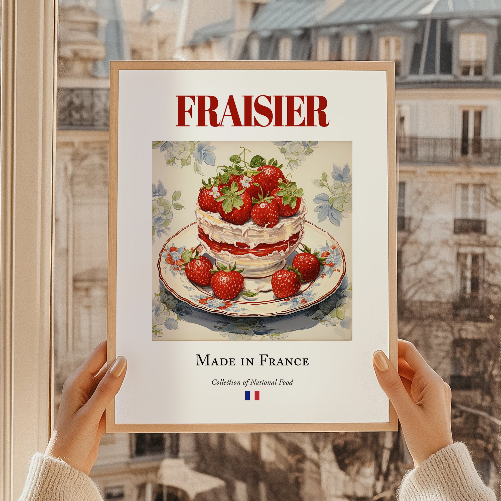 Fraisier – French Dessert Dish, Brasserie Print, styled in a charming Paris street view