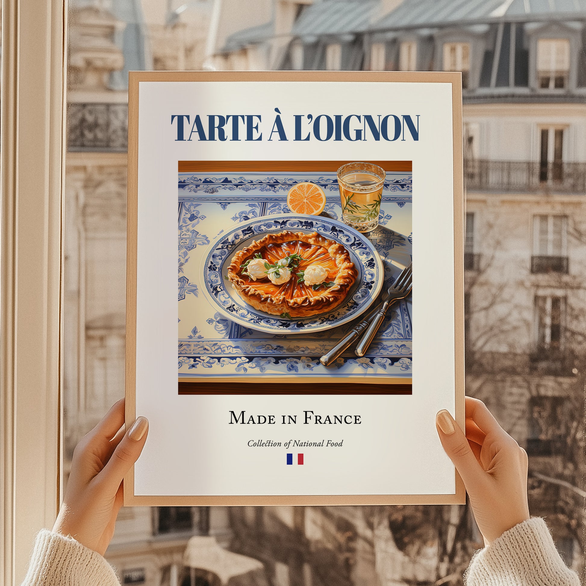Tarte à l'oignon – French Dish, Fine Dining Restaurant Illustration, styled in a charming Paris street view