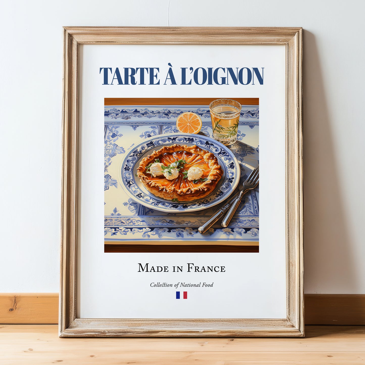 Tarte à l'oignon – French Dish, Fine Dining Restaurant Illustration, in wooden frame leaning on the floor