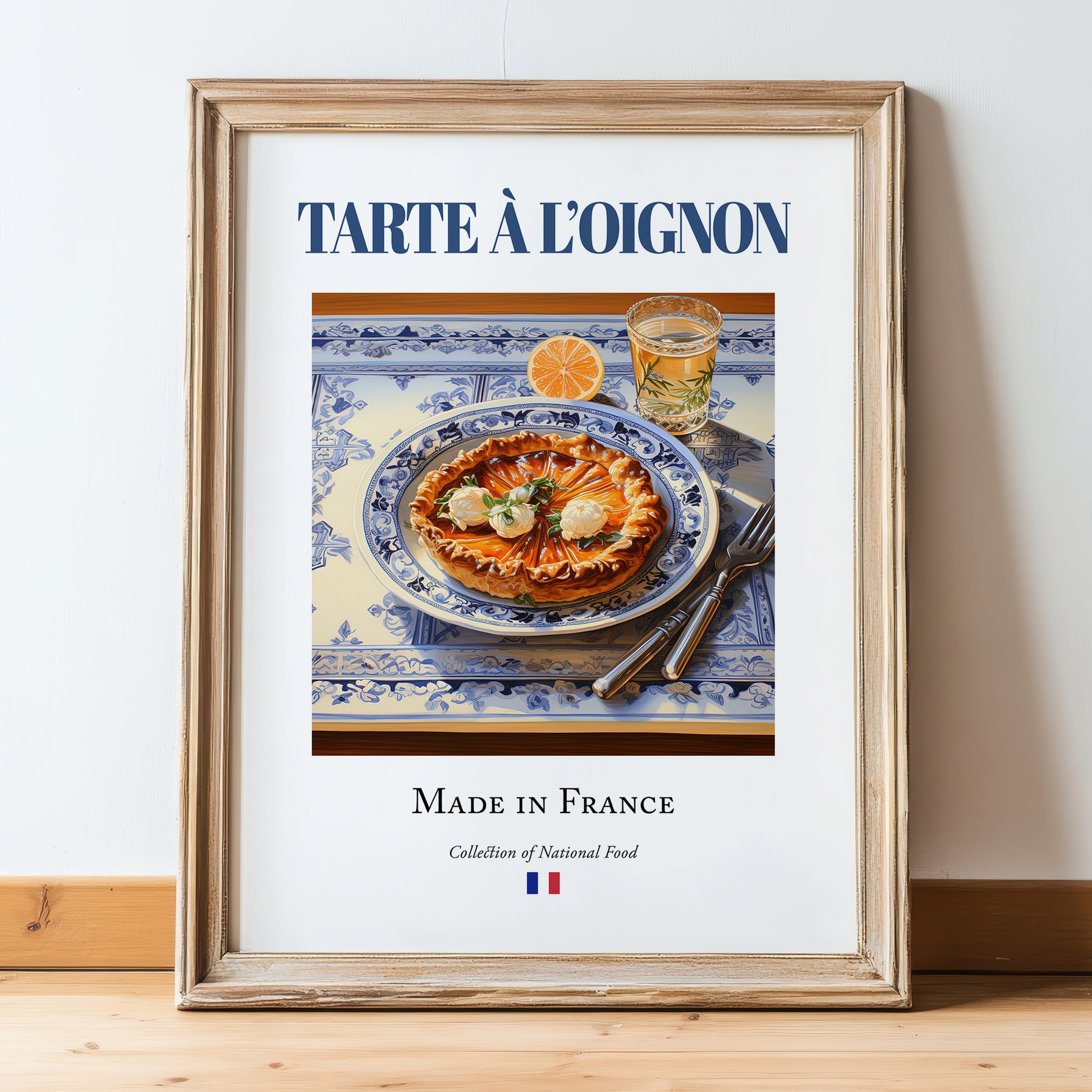 Tarte à l'oignon – French Dish, Fine Dining Restaurant Illustration, in wooden frame leaning on the floor