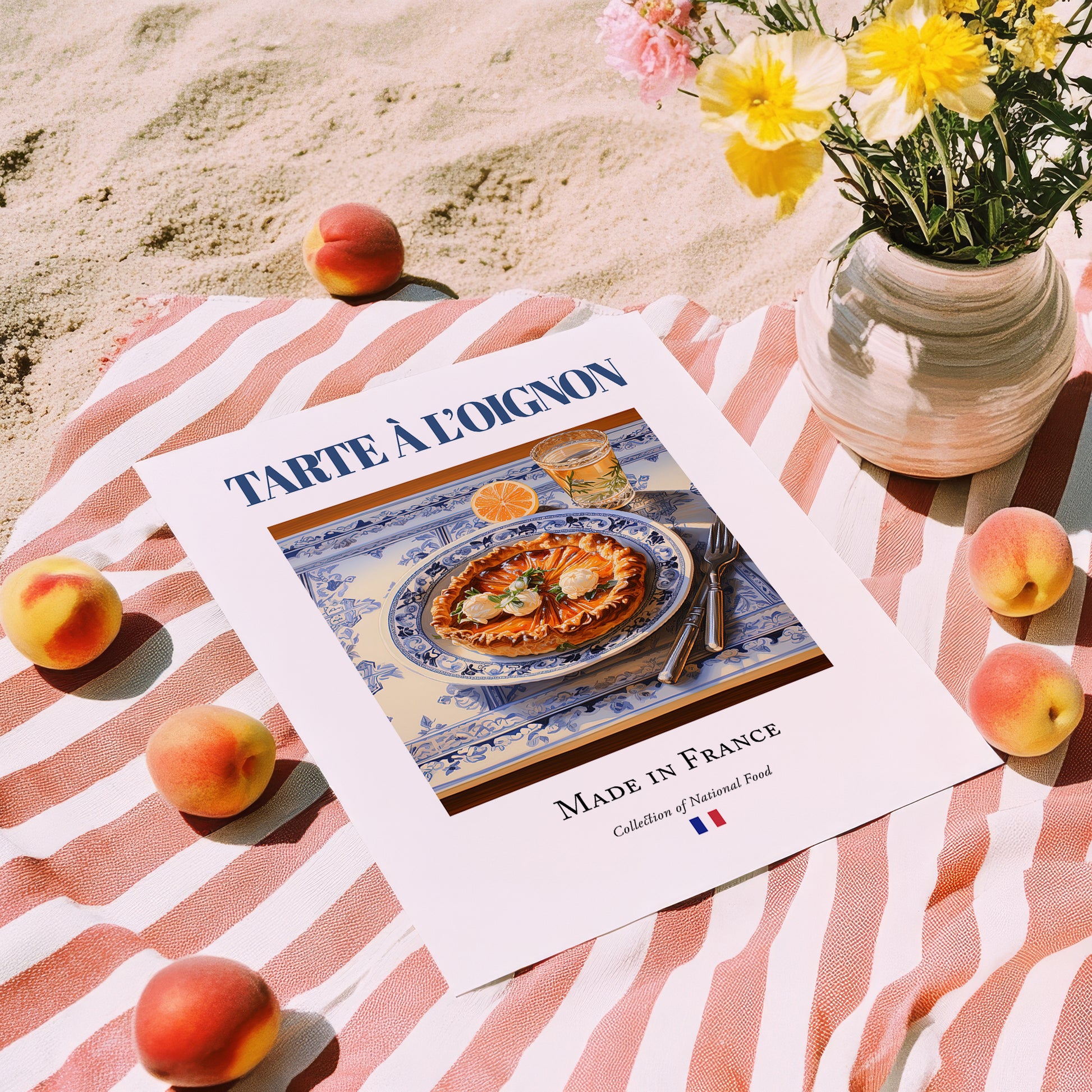 Tarte à l'oignon – French Dish, Fine Dining Restaurant Illustration, unframed on coastal sand
