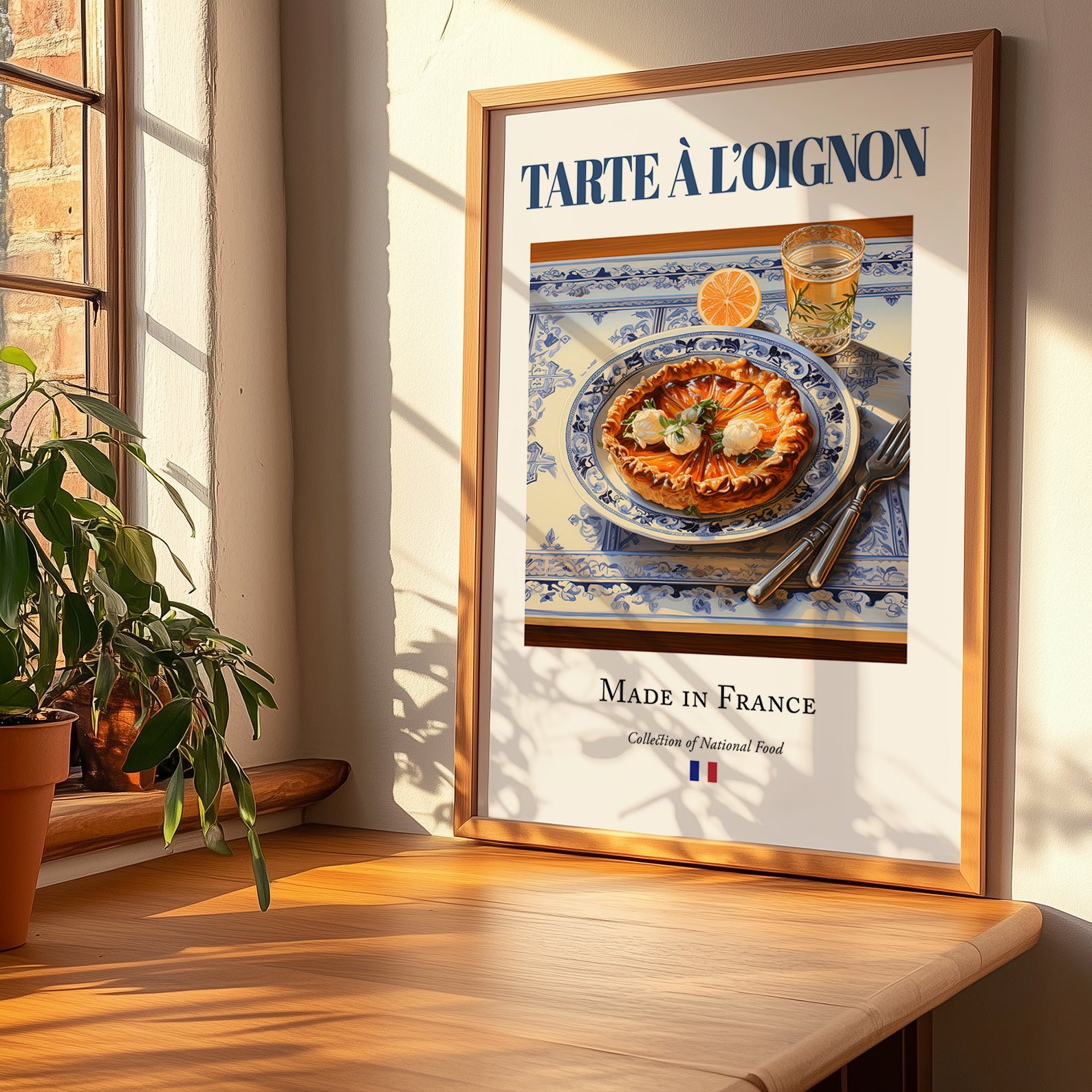 Tarte à l'oignon – French Dish, Fine Dining Restaurant Illustration, no-text version framed in wood