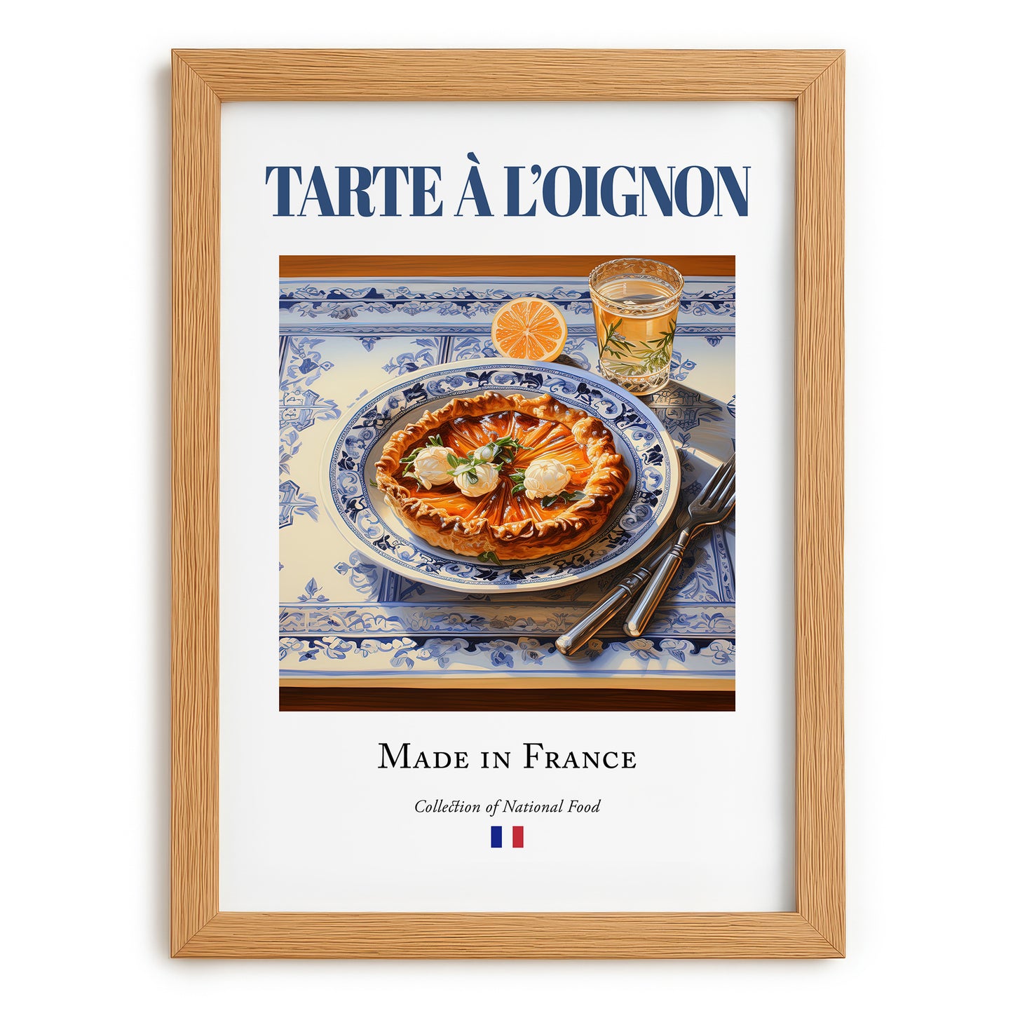 Tarte à l'oignon – French Dish, Fine Dining Restaurant Illustration, set in oak frame